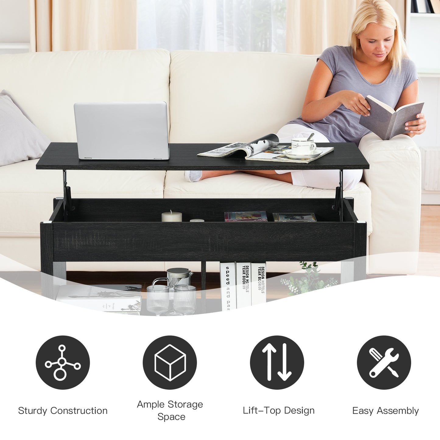 Adjustable Lift Top Coffee Table with Hidden Storage and Lower Shelves in Black