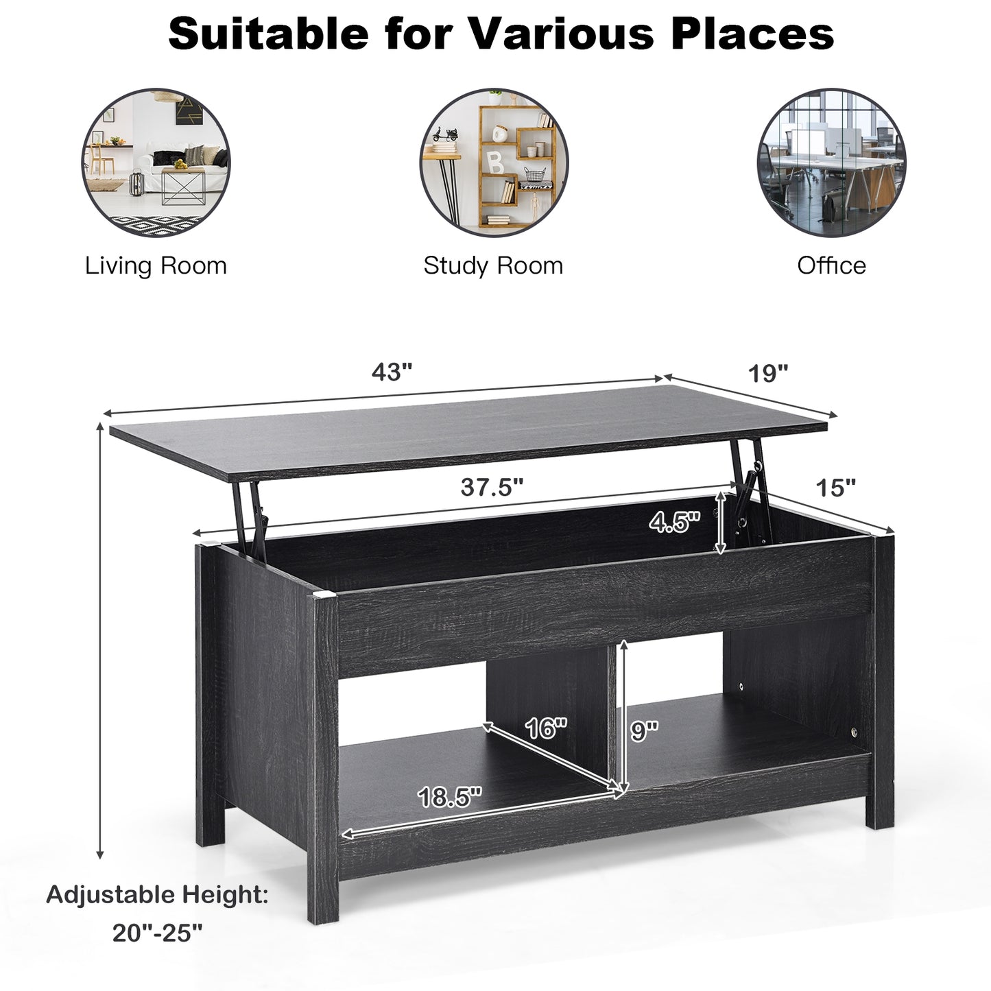 Adjustable Lift Top Coffee Table with Hidden Storage and Lower Shelves in Black