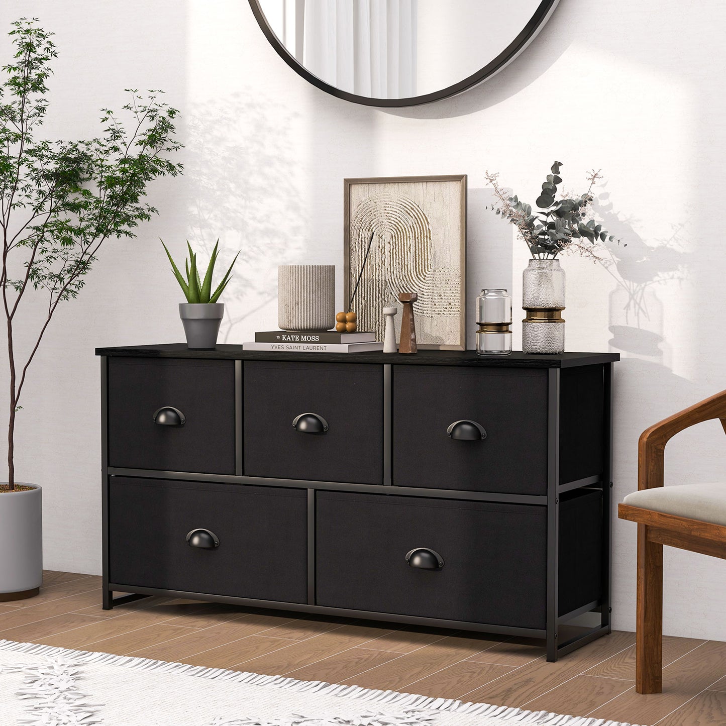 Modern Wood Storage Dresser with Fabric Drawers, Compact Organizer Cabinet – Black