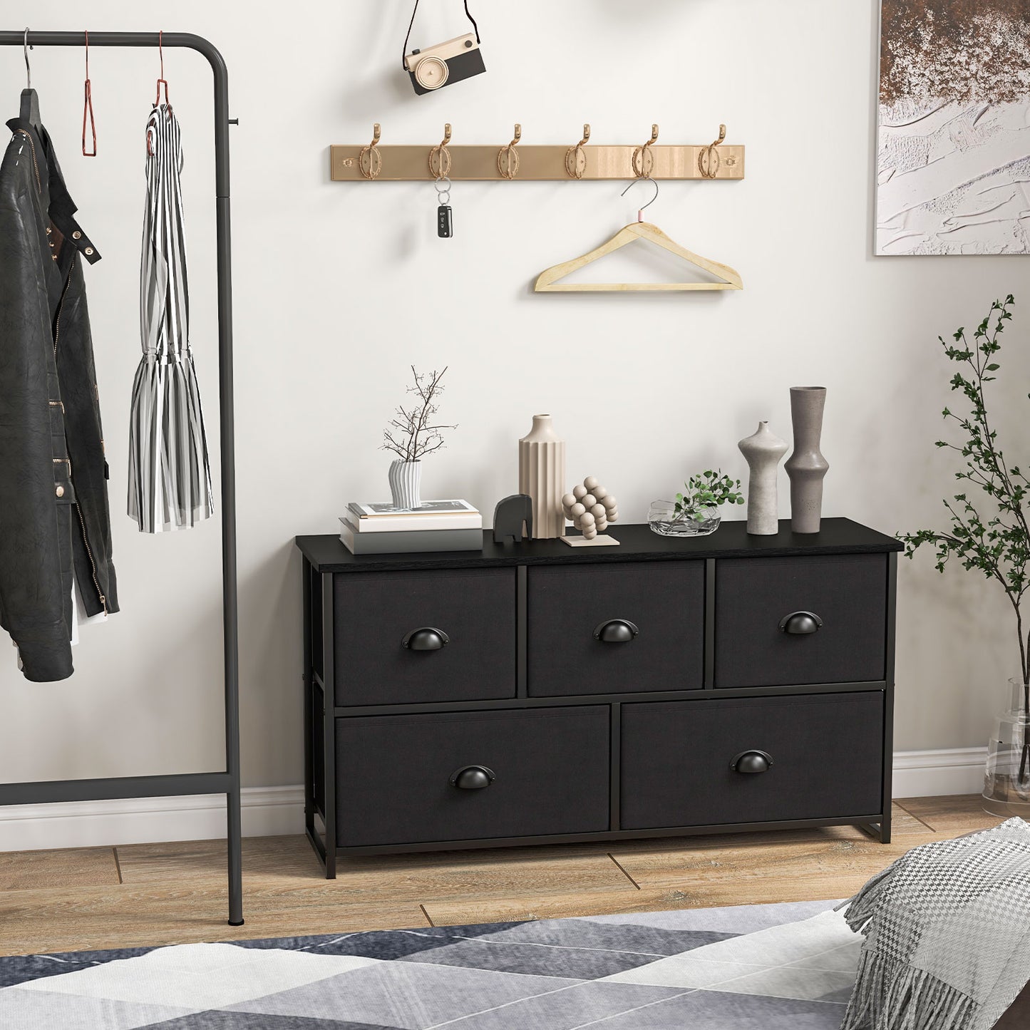 Modern Wood Storage Dresser with Fabric Drawers, Compact Organizer Cabinet – Black