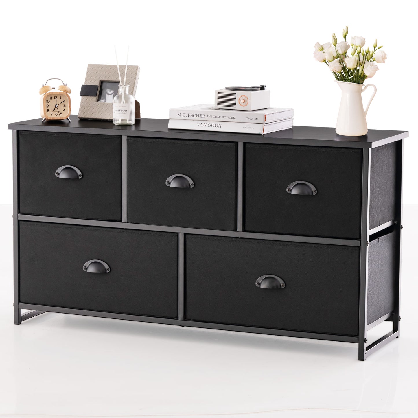 Modern Wood Storage Dresser with Fabric Drawers, Compact Organizer Cabinet – Black