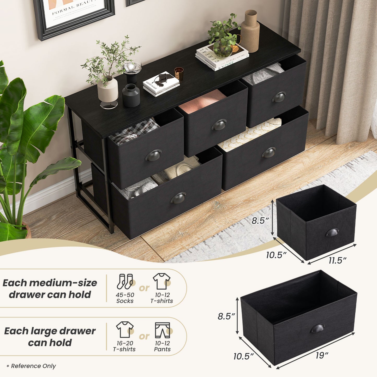 Modern Wood Storage Dresser with Fabric Drawers, Compact Organizer Cabinet – Black