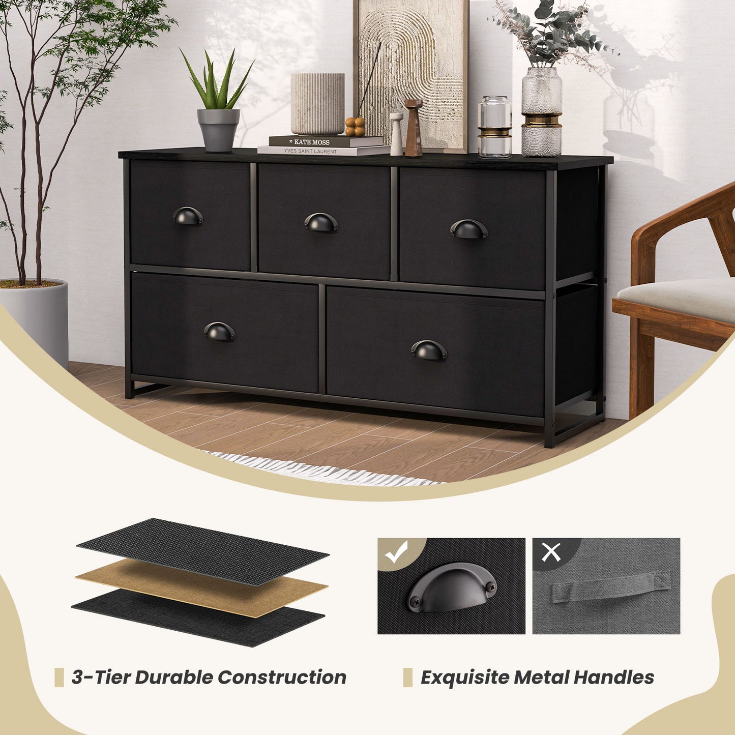 Modern Wood Storage Dresser with Fabric Drawers, Compact Organizer Cabinet – Black