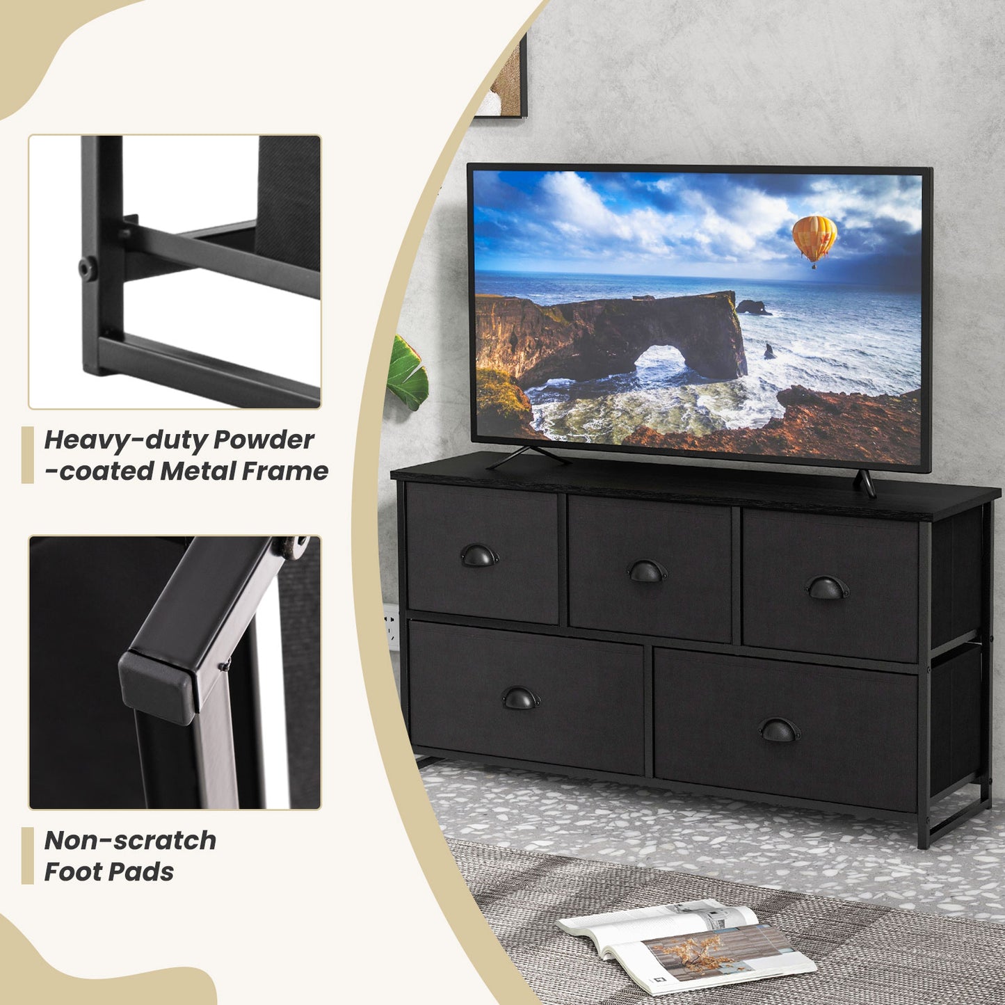 Modern Wood Storage Dresser with Fabric Drawers, Compact Organizer Cabinet – Black