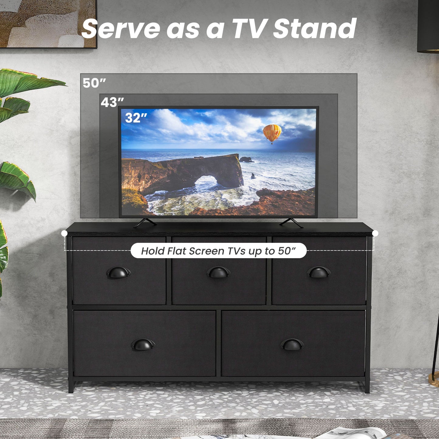 Modern Wood Storage Dresser with Fabric Drawers, Compact Organizer Cabinet – Black