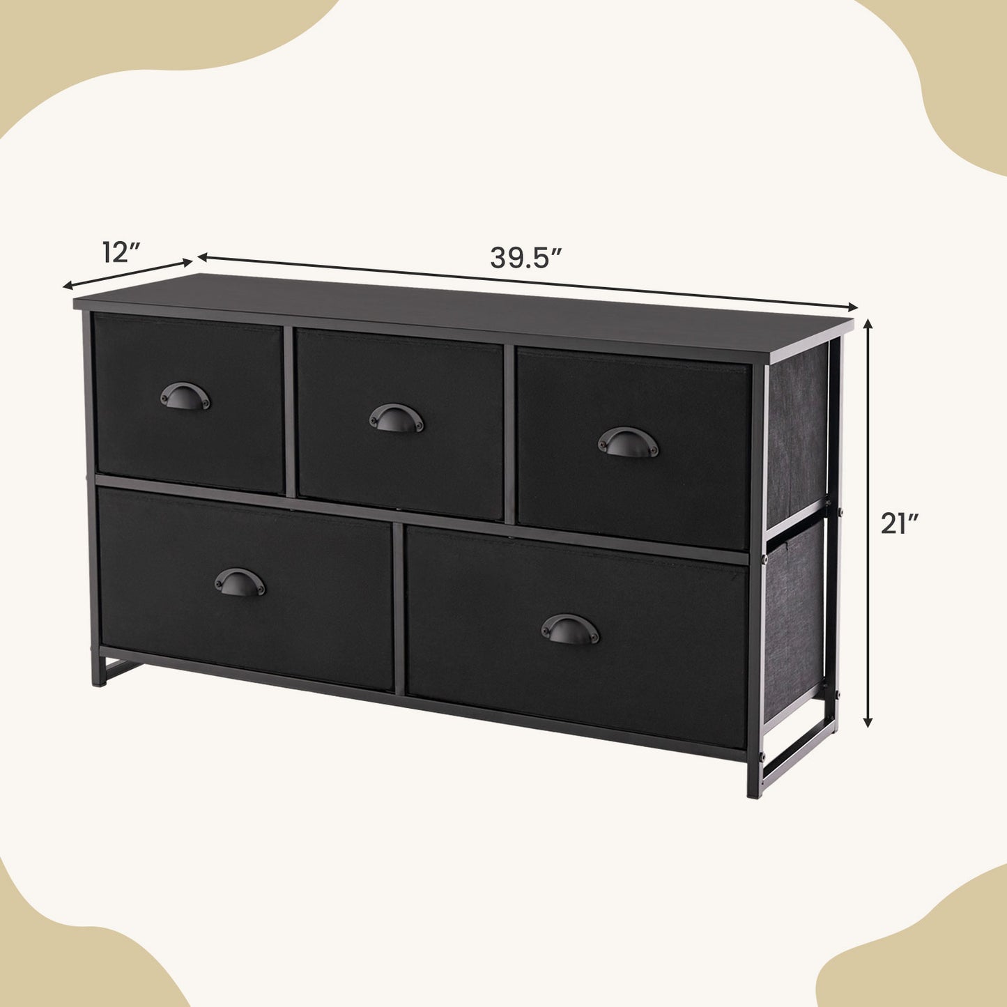Modern Wood Storage Dresser with Fabric Drawers, Compact Organizer Cabinet – Black