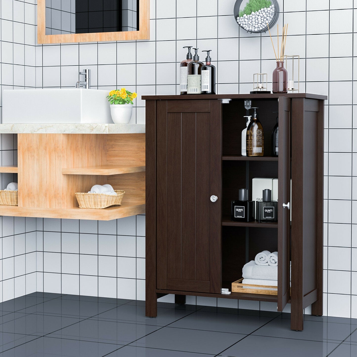 3 Tier 2-Door Bathroom Storage Cabinet Space Saver