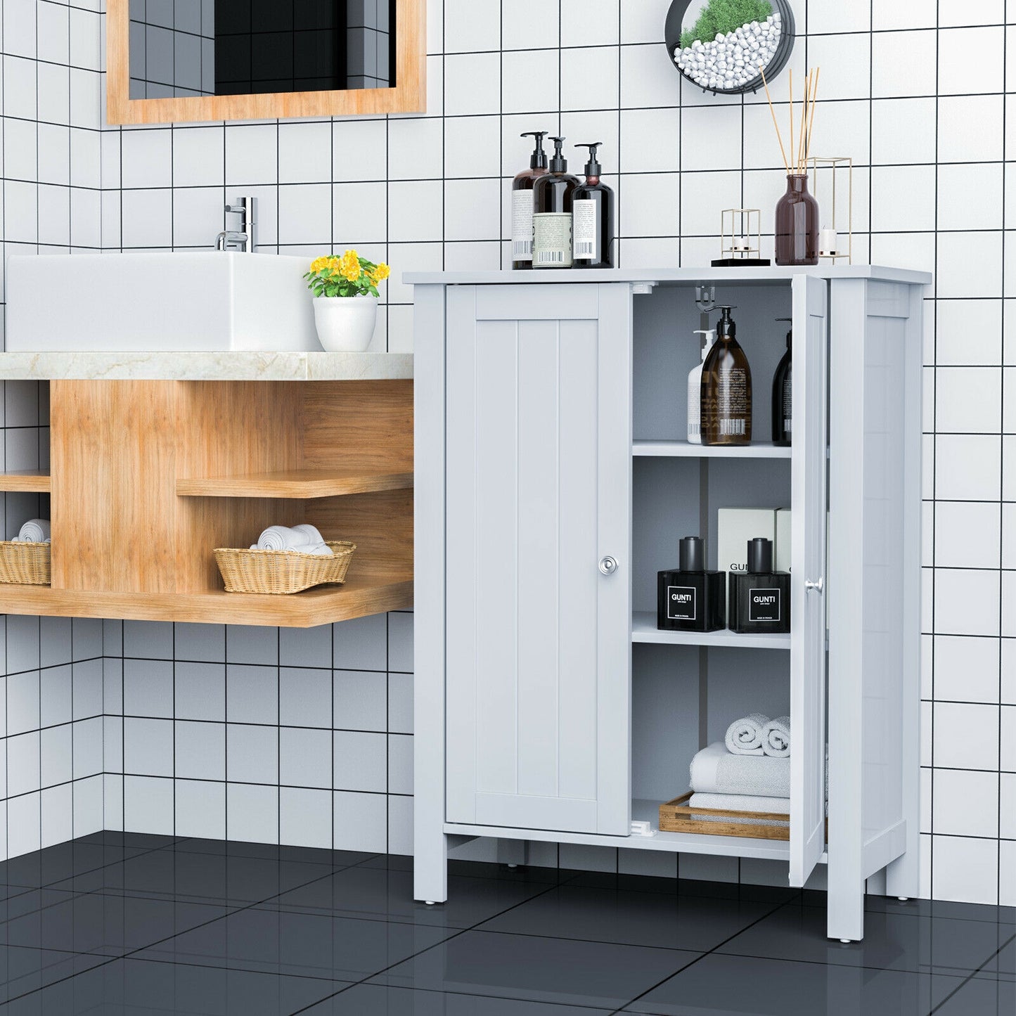 3 Tier 2-Door Bathroom Storage Cabinet Space Saver