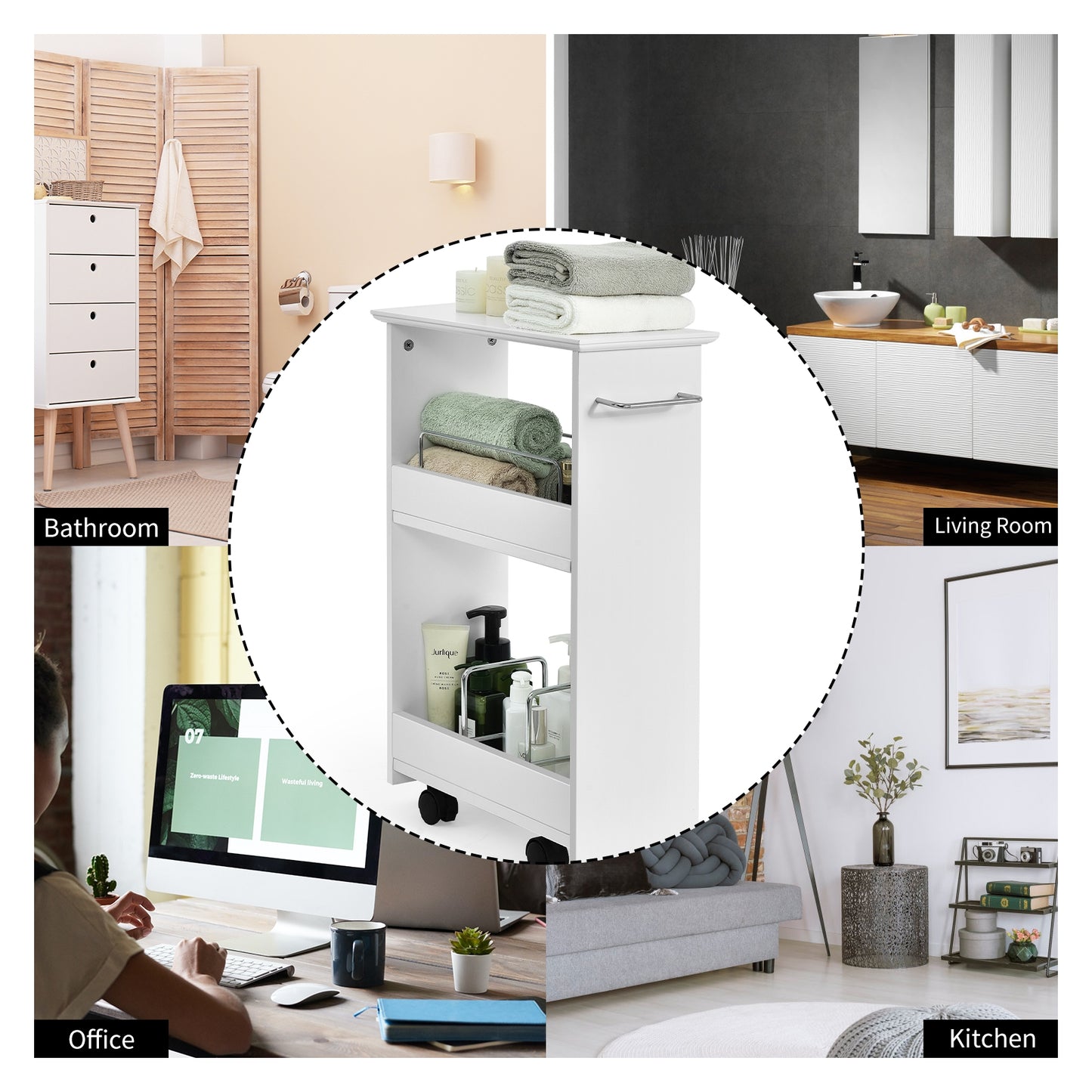 Slim Rolling Bathroom Storage Cabinet with 3 Tier Shelves & 360° Swivel Casters
