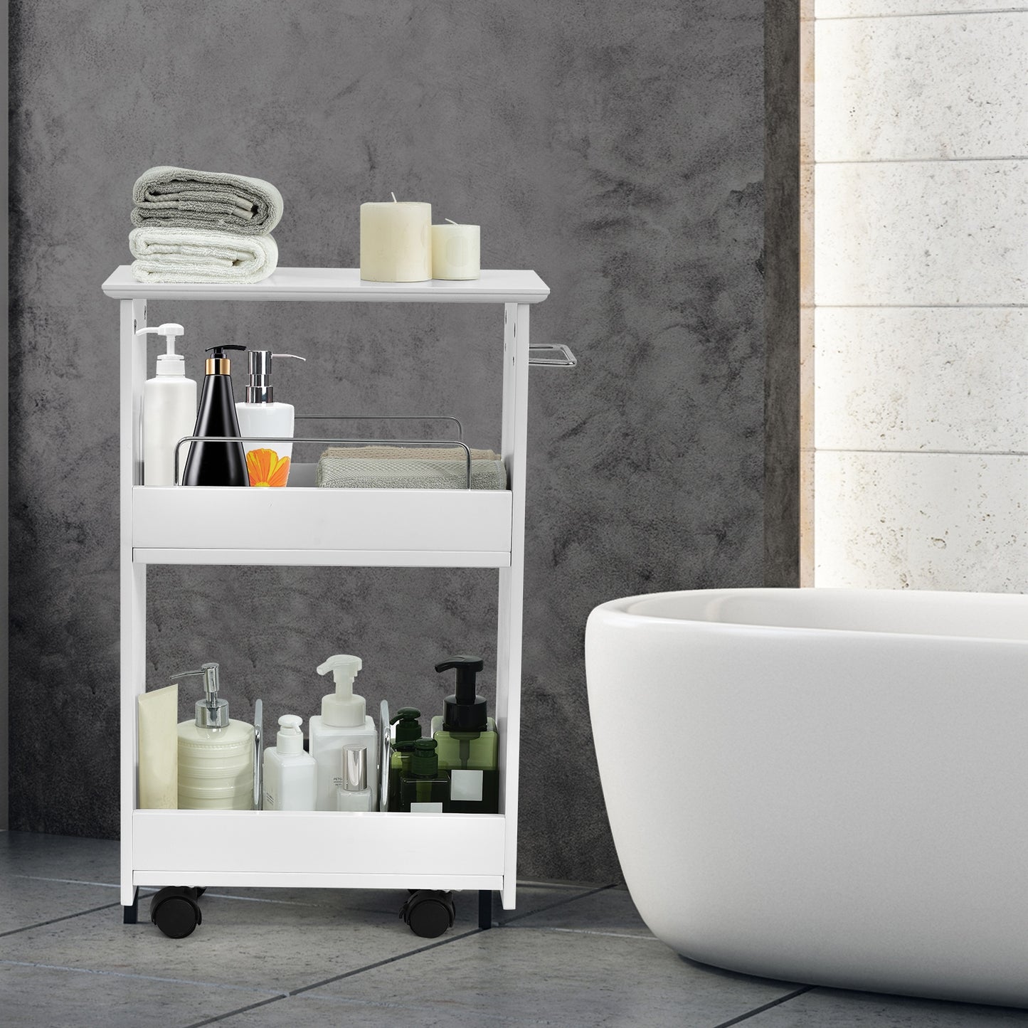 Slim Rolling Bathroom Storage Cabinet with 3 Tier Shelves & 360° Swivel Casters