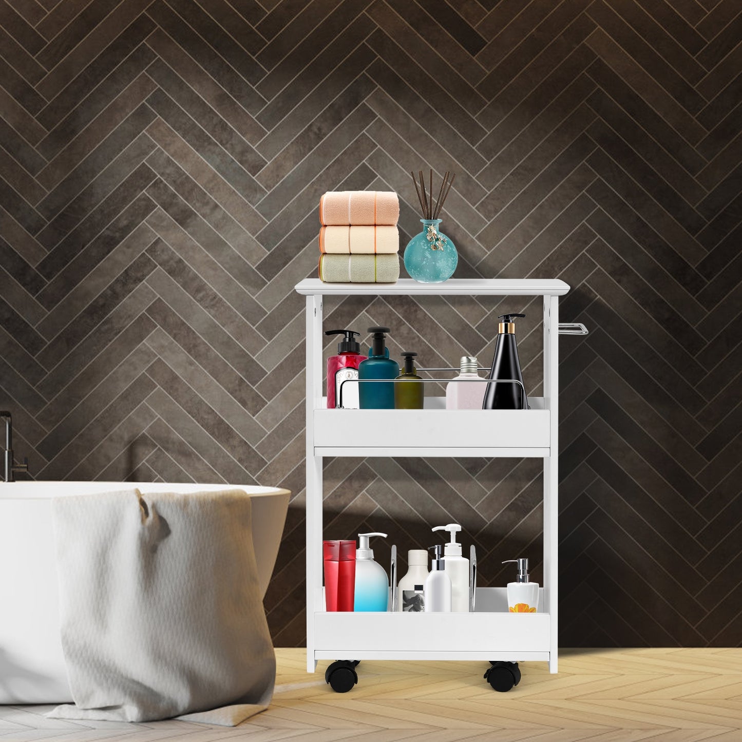 Slim Rolling Bathroom Storage Cabinet with 3 Tier Shelves & 360° Swivel Casters