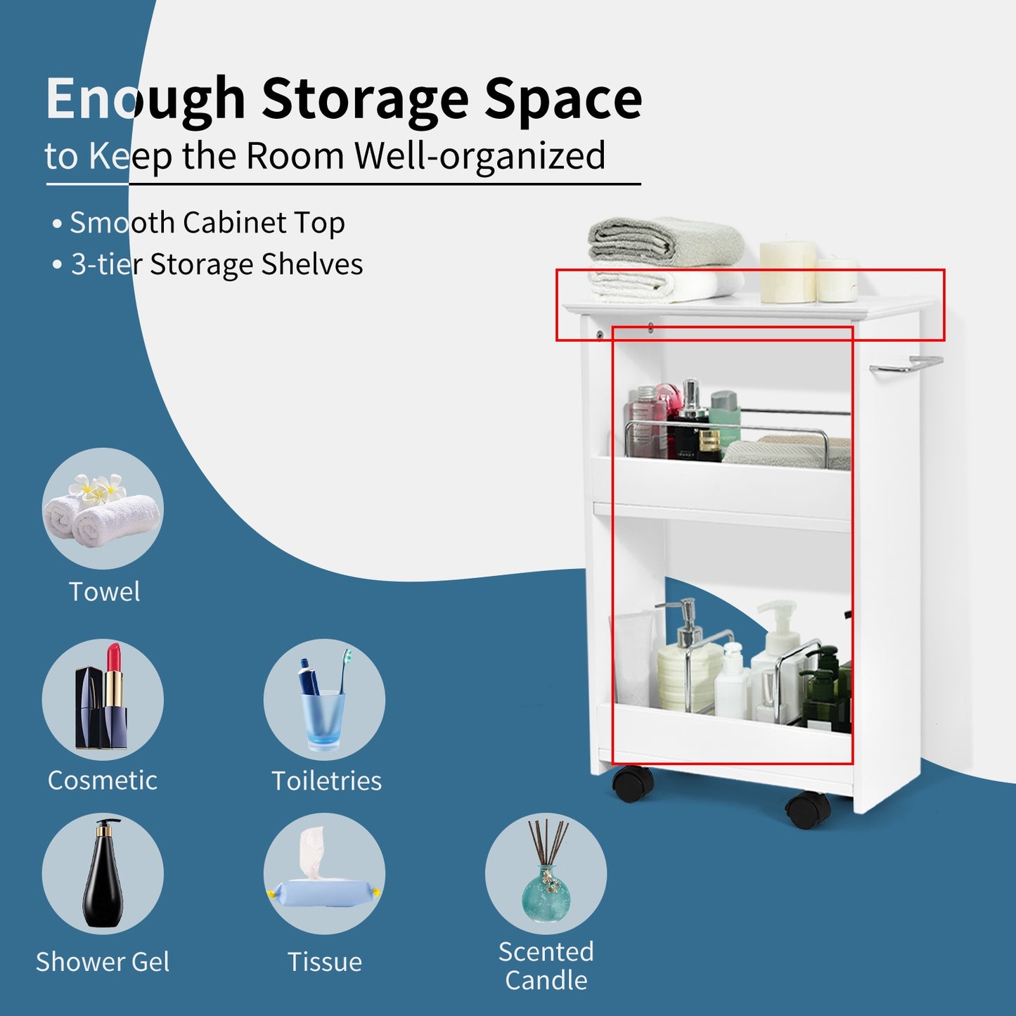 Slim Rolling Bathroom Storage Cabinet with 3 Tier Shelves & 360° Swivel Casters