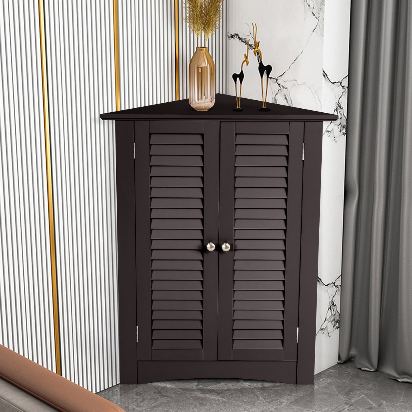 Corner Storage Cabinet with Shutter Doors - Freestanding Bathroom Organizer