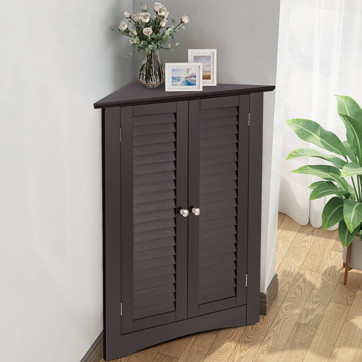 Corner Storage Cabinet with Shutter Doors - Freestanding Bathroom Organizer