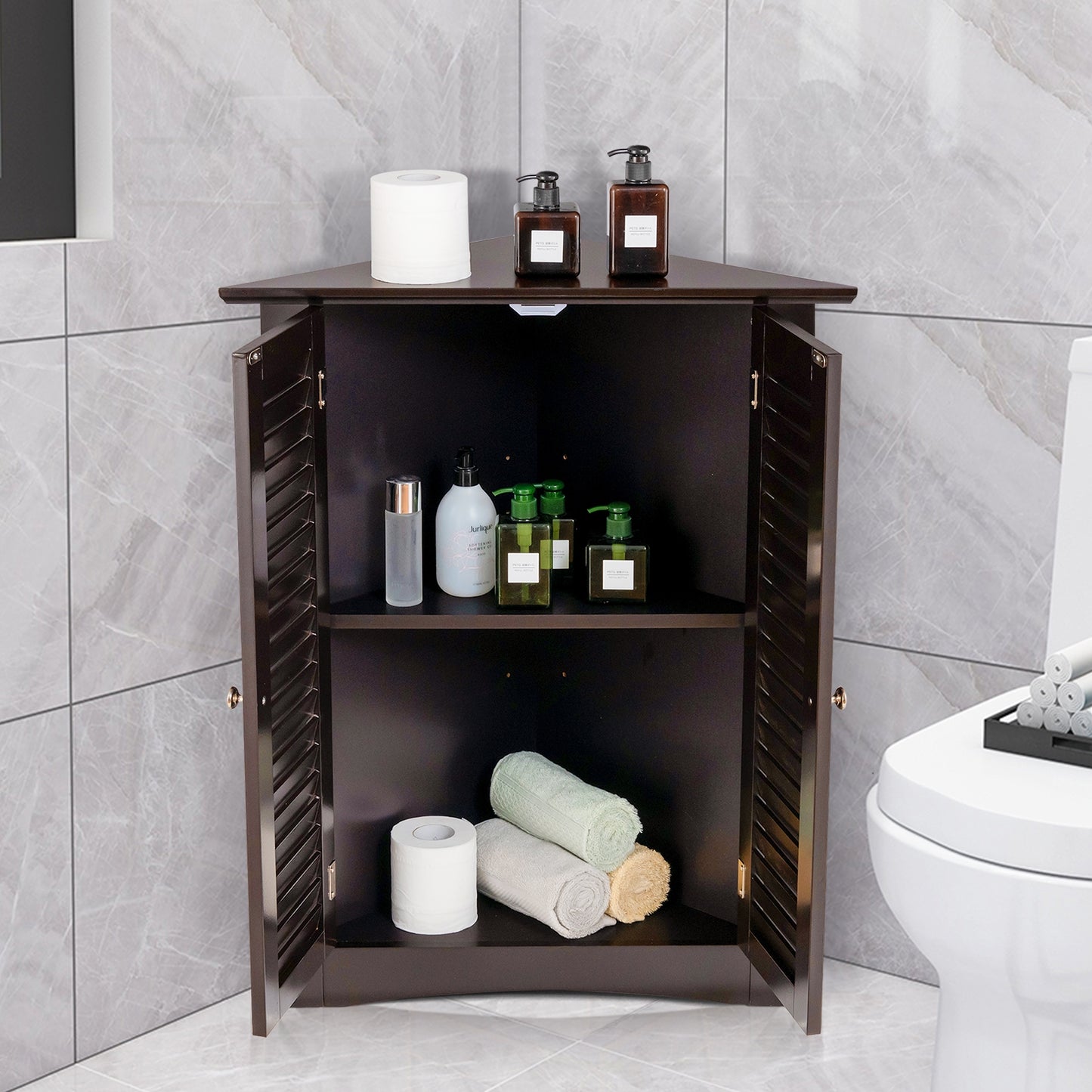 Corner Storage Cabinet with Shutter Doors - Freestanding Bathroom Organizer