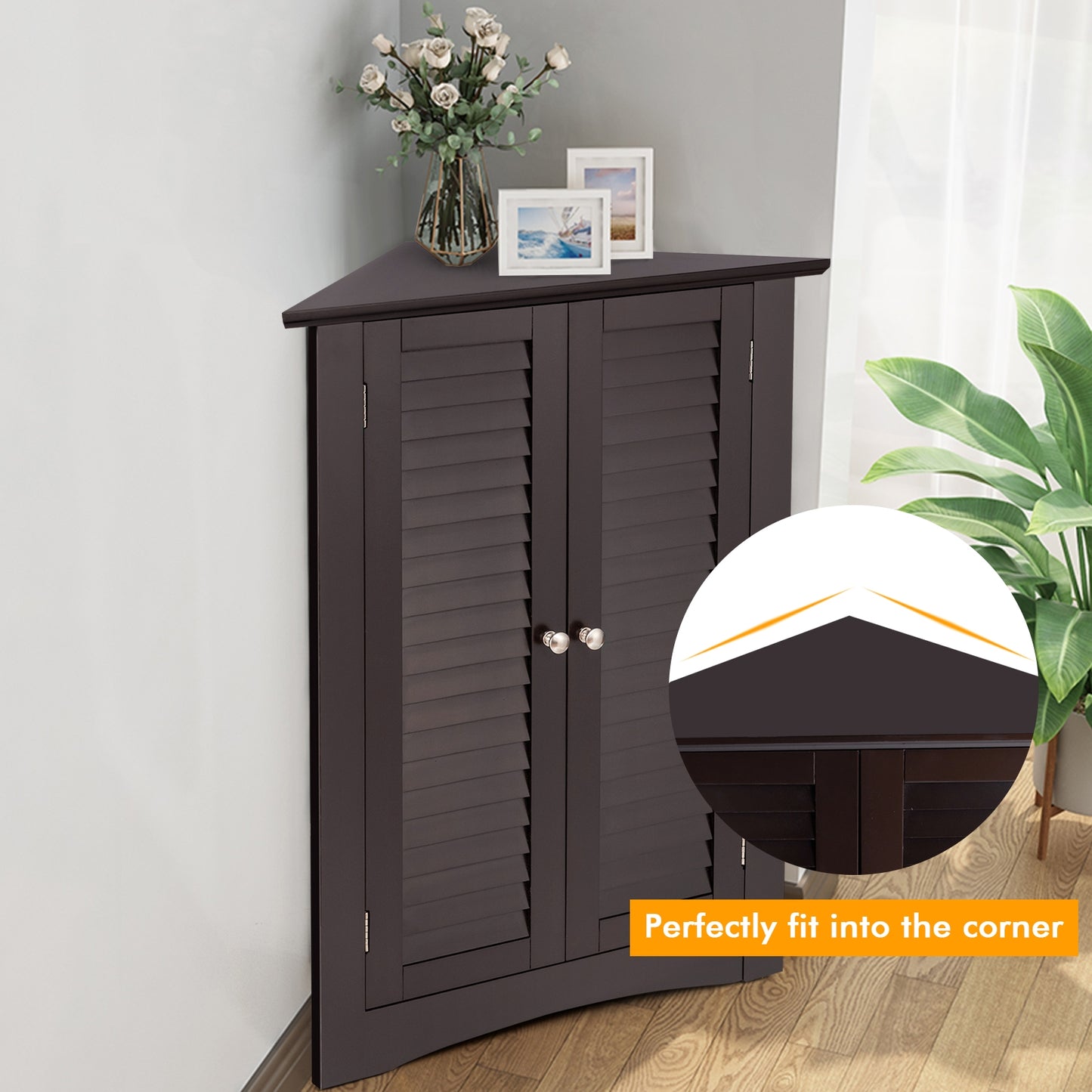 Corner Storage Cabinet with Shutter Doors - Freestanding Bathroom Organizer