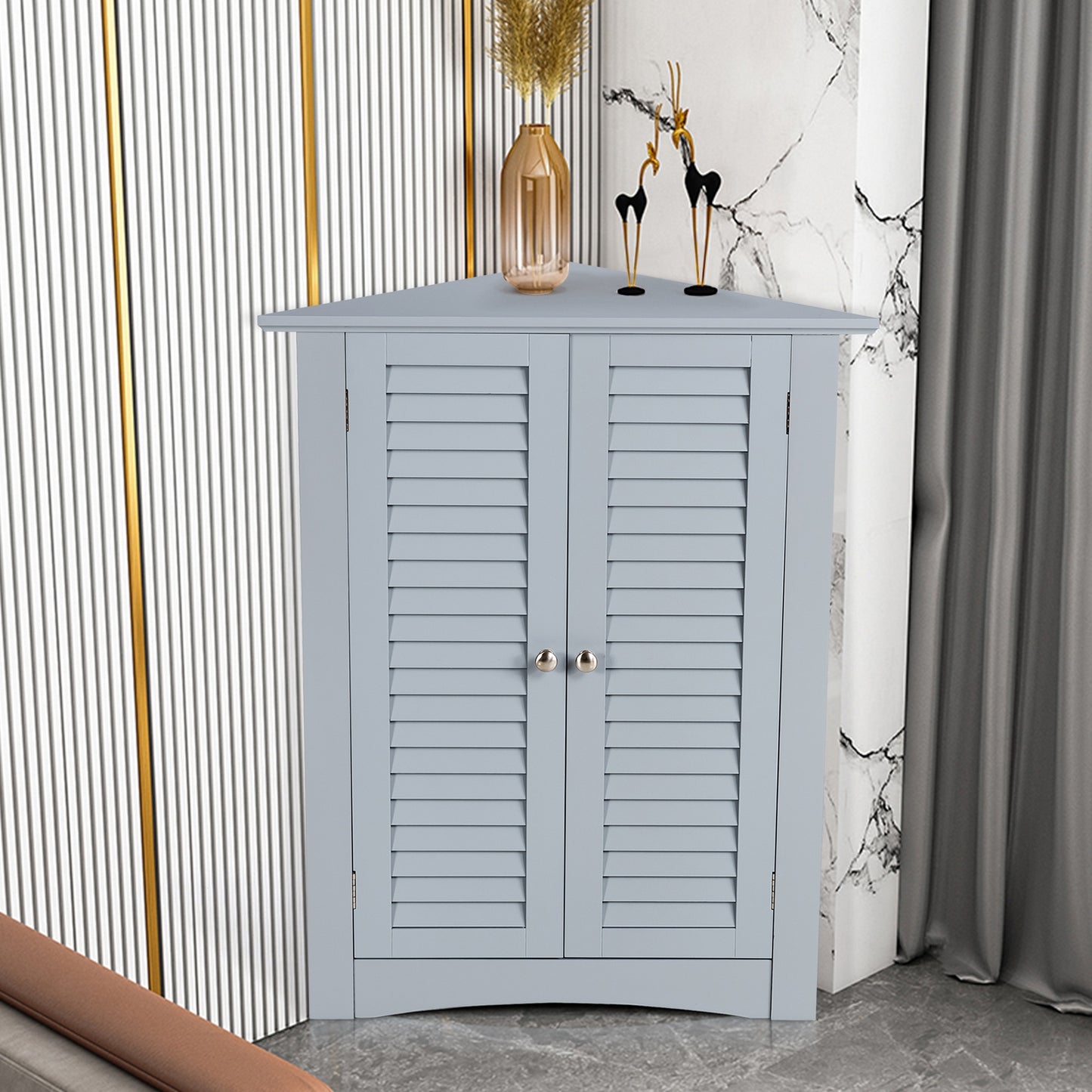 Corner Storage Cabinet with Shutter Doors - Freestanding Bathroom Organizer