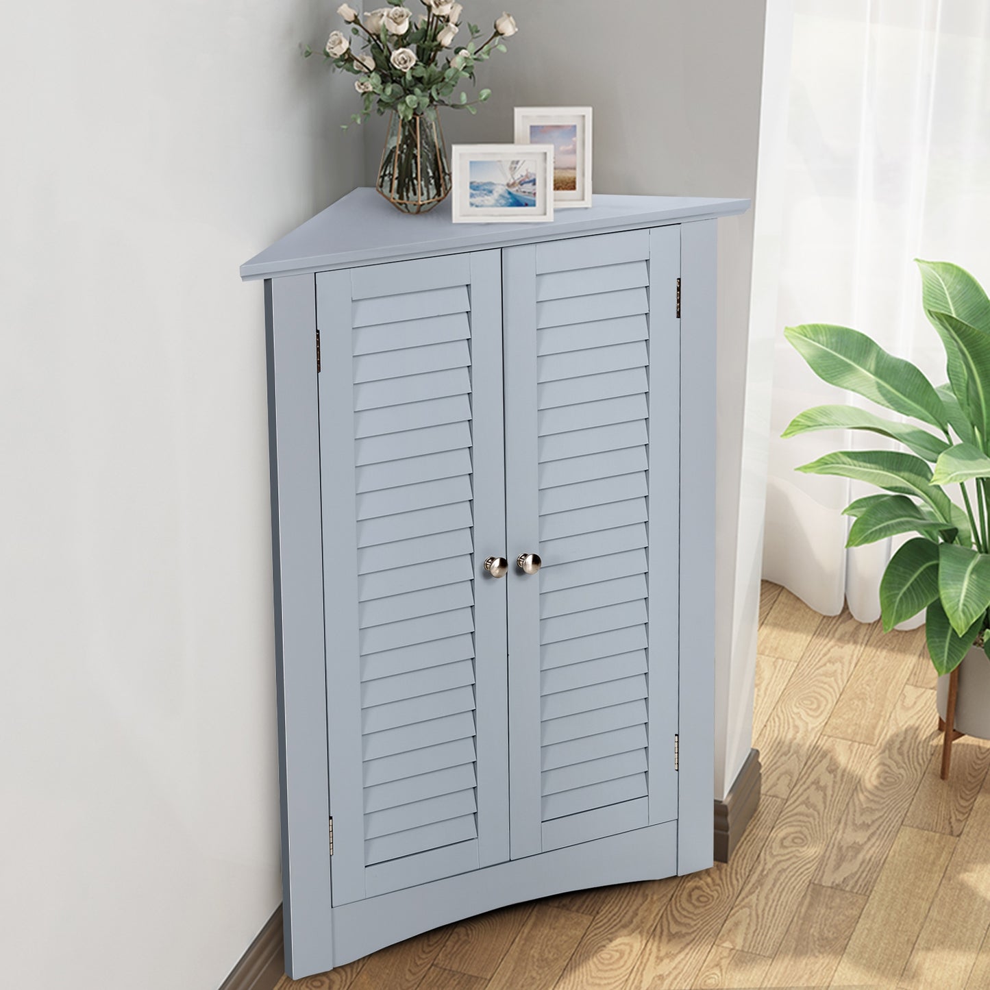 Corner Storage Cabinet with Shutter Doors - Freestanding Bathroom Organizer
