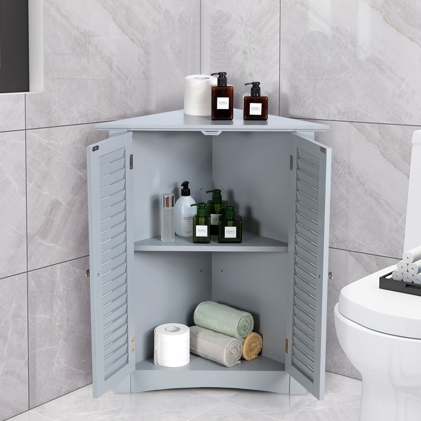 Corner Storage Cabinet with Shutter Doors - Freestanding Bathroom Organizer