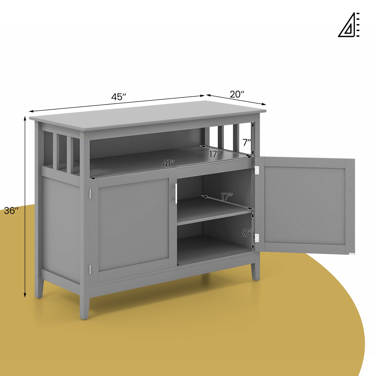 Modern Wooden Kitchen Storage Cabinet with Double Doors and Open Shelf - Grey