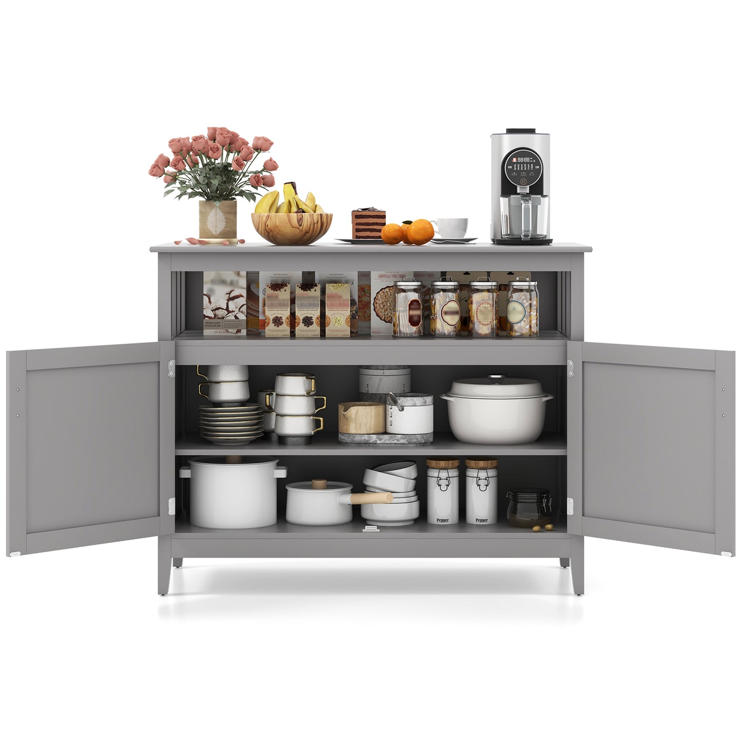 Modern Wooden Kitchen Storage Cabinet with Double Doors and Open Shelf - Grey