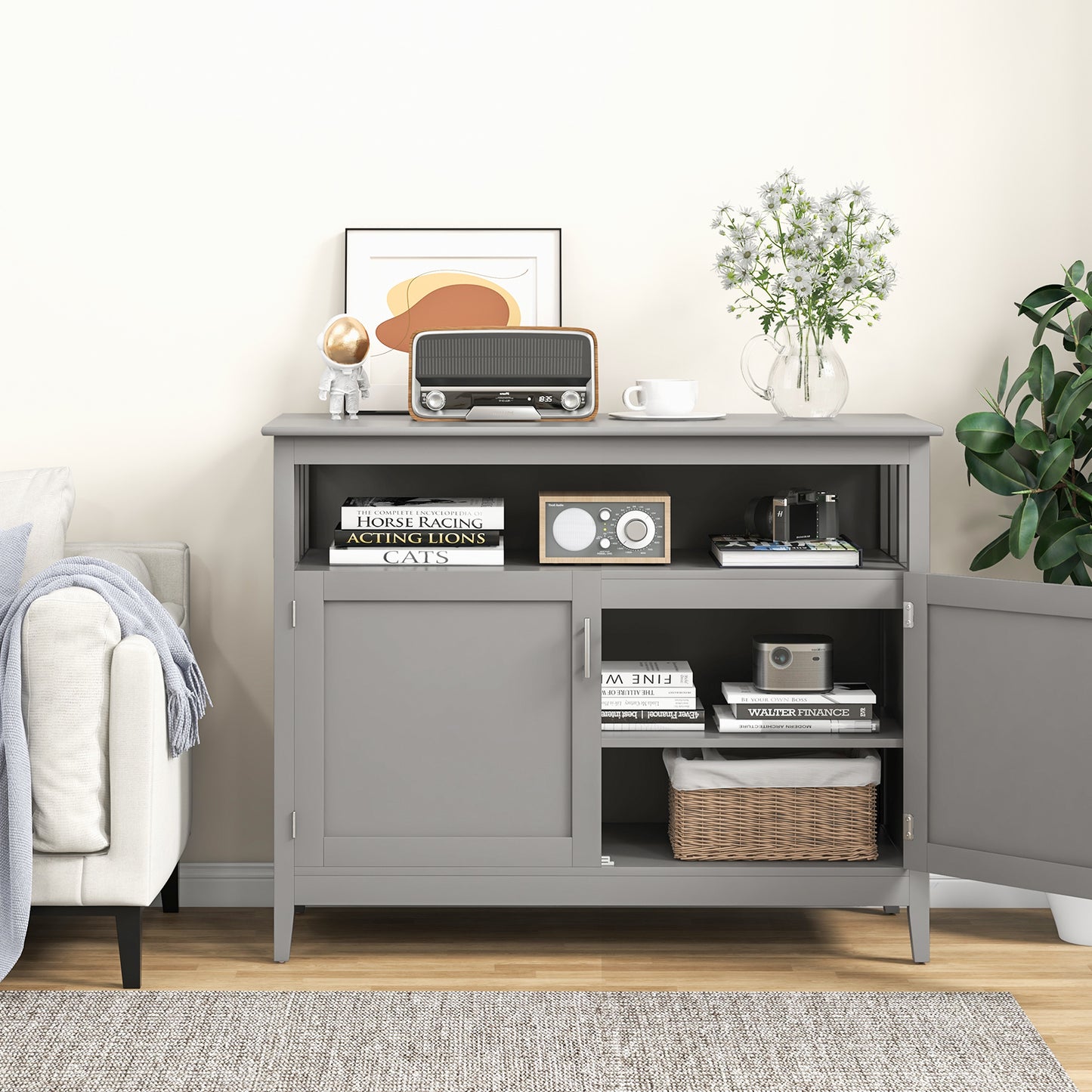 Modern Wooden Kitchen Storage Cabinet with Double Doors and Open Shelf - Grey