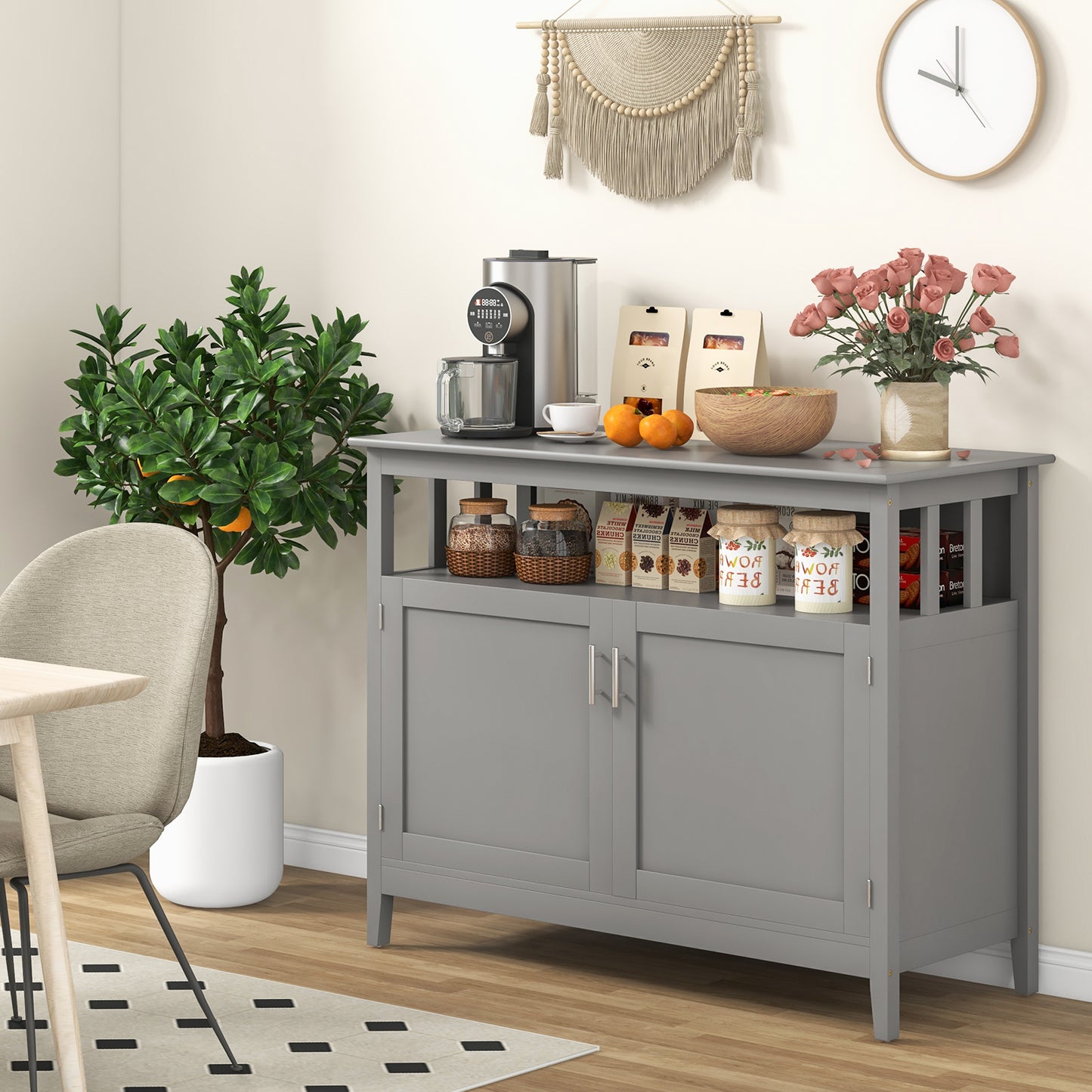 Modern Wooden Kitchen Storage Cabinet with Double Doors and Open Shelf - Grey