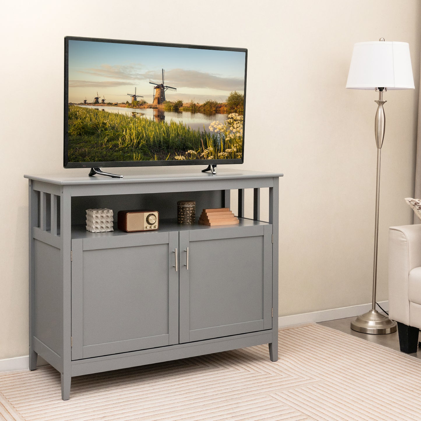 Modern Wooden Kitchen Storage Cabinet with Double Doors and Open Shelf - Grey