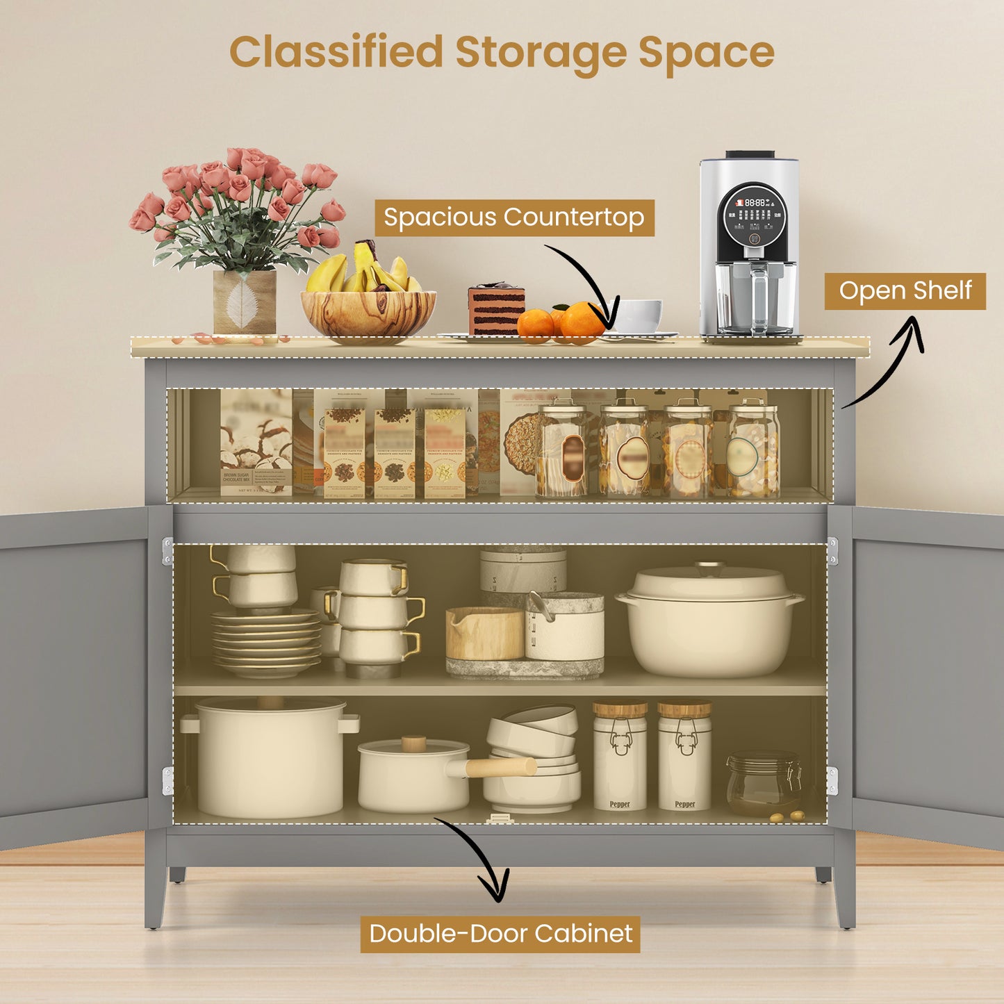 Modern Wooden Kitchen Storage Cabinet with Double Doors and Open Shelf - Grey