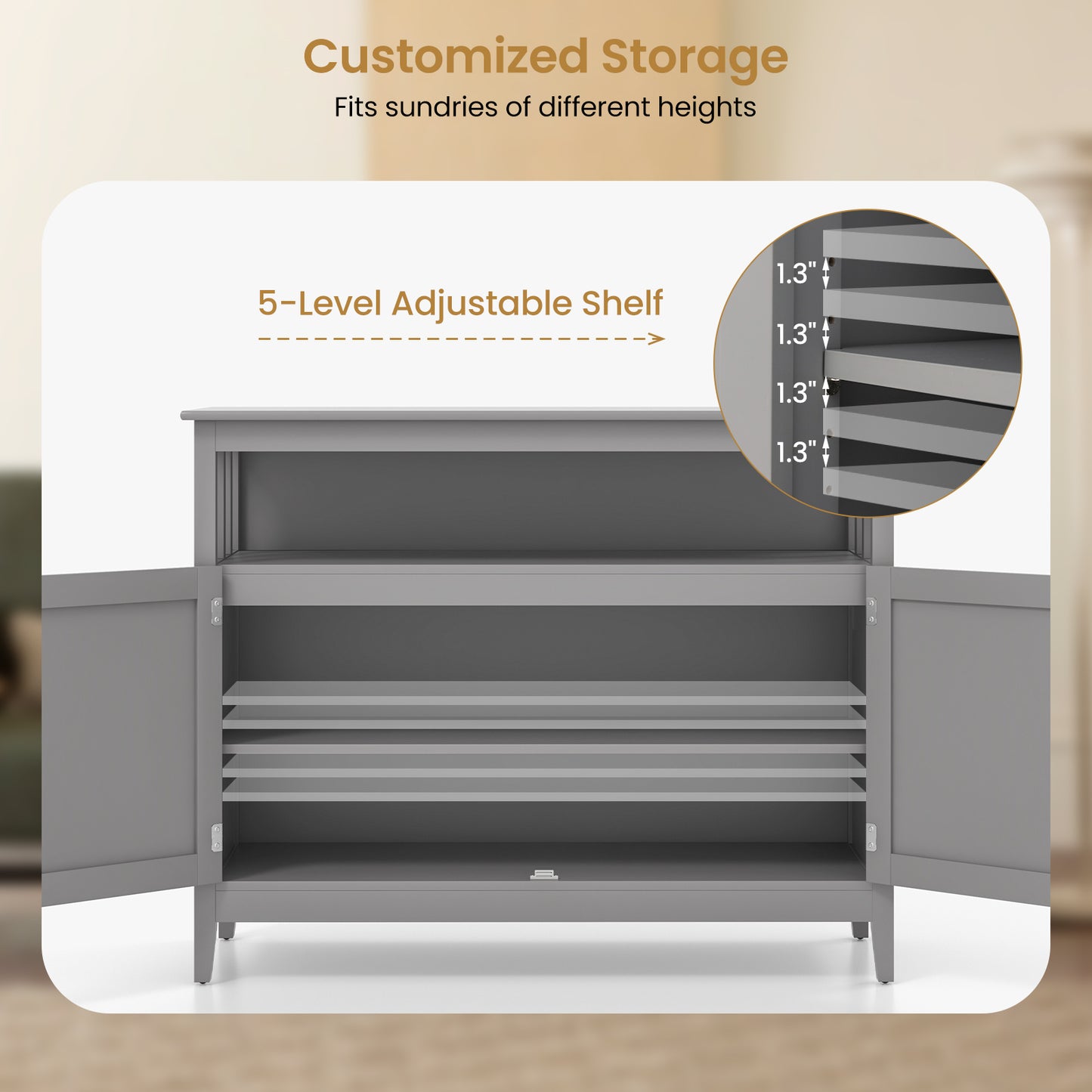 Modern Wooden Kitchen Storage Cabinet with Double Doors and Open Shelf - Grey
