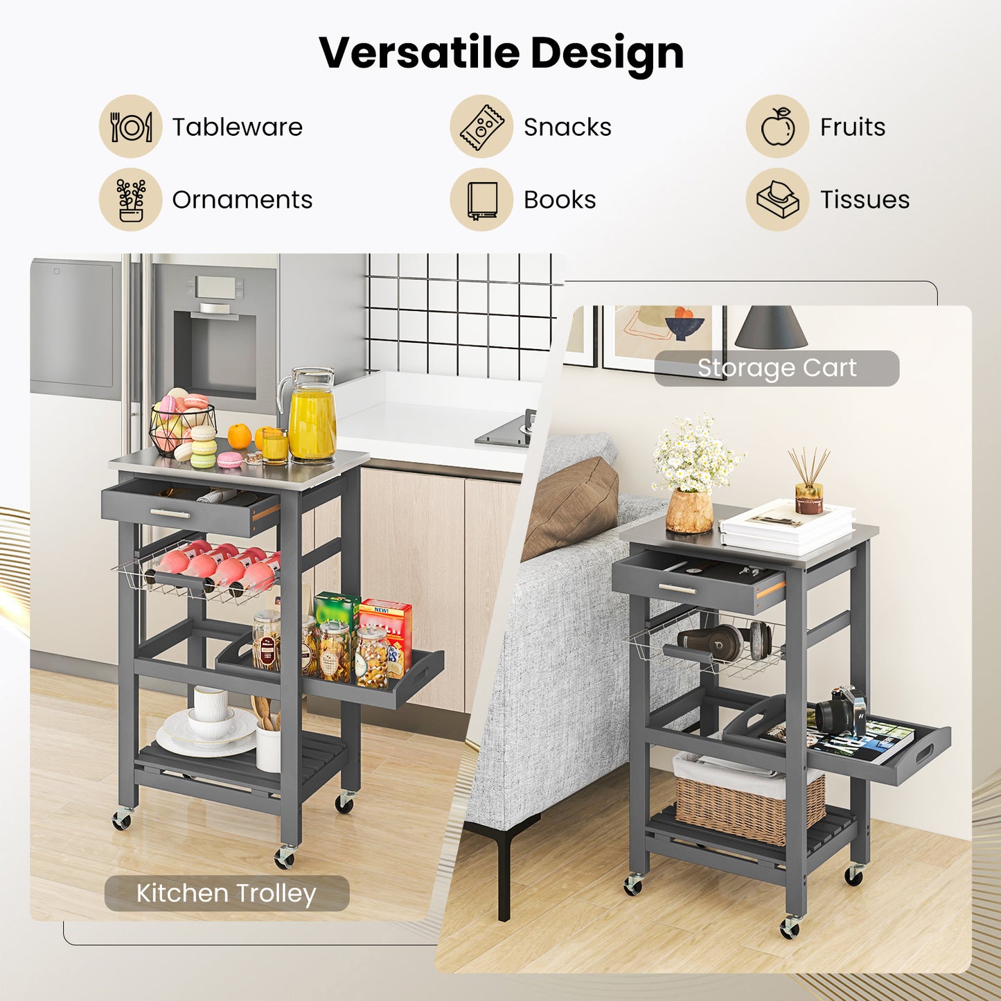 Kitchen Island Cart with Stainless Steel Top, Pull-Out Basket, and Storage Shelves - Grey
