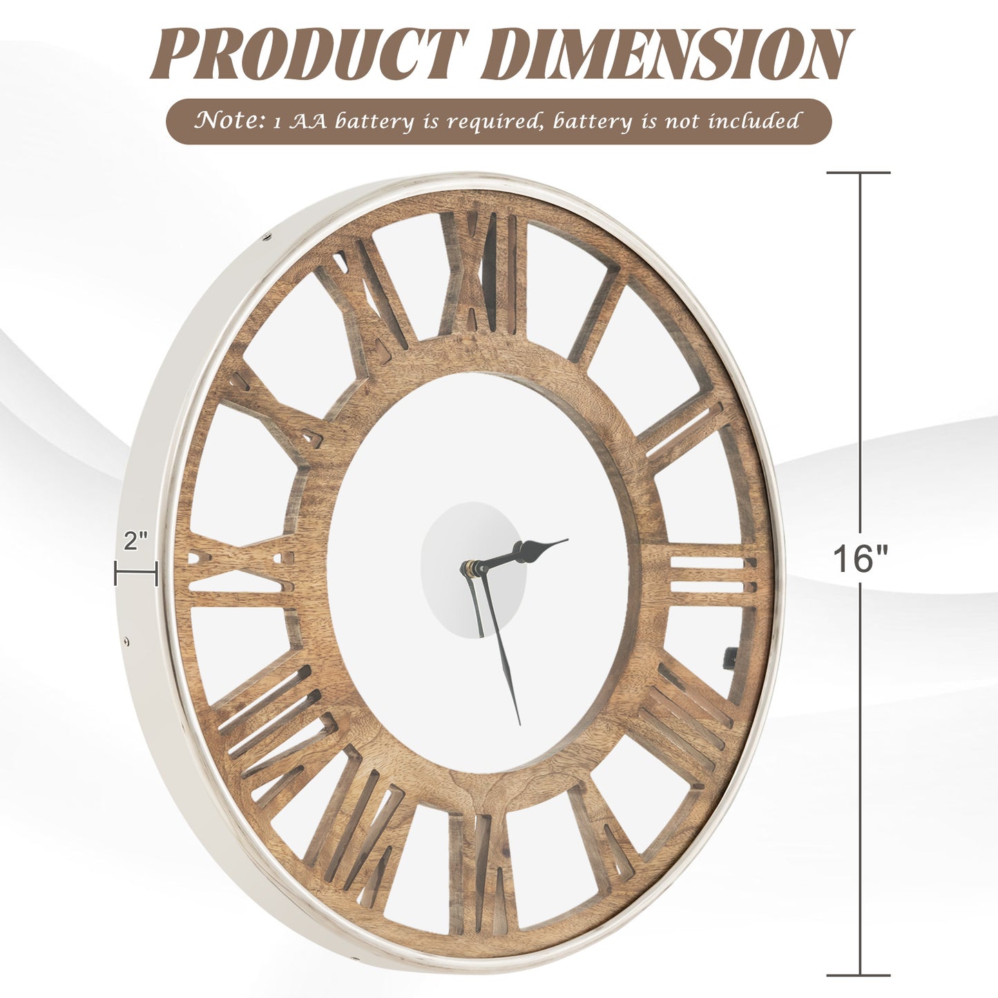 16 Inch Silent Quartz Wall Clock with Classic Roman Numerals and Elegant Frame