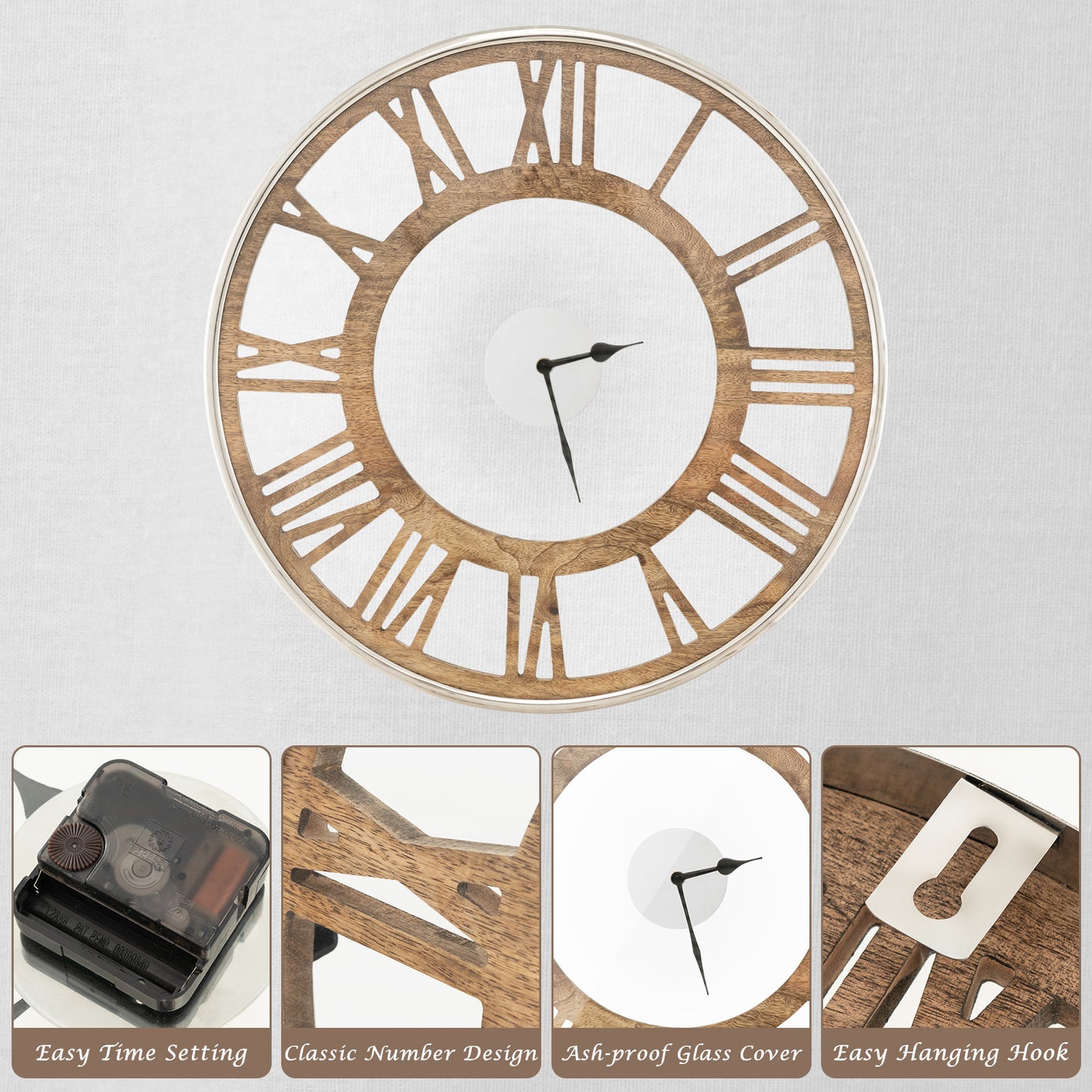 16 Inch Silent Quartz Wall Clock with Classic Roman Numerals and Elegant Frame