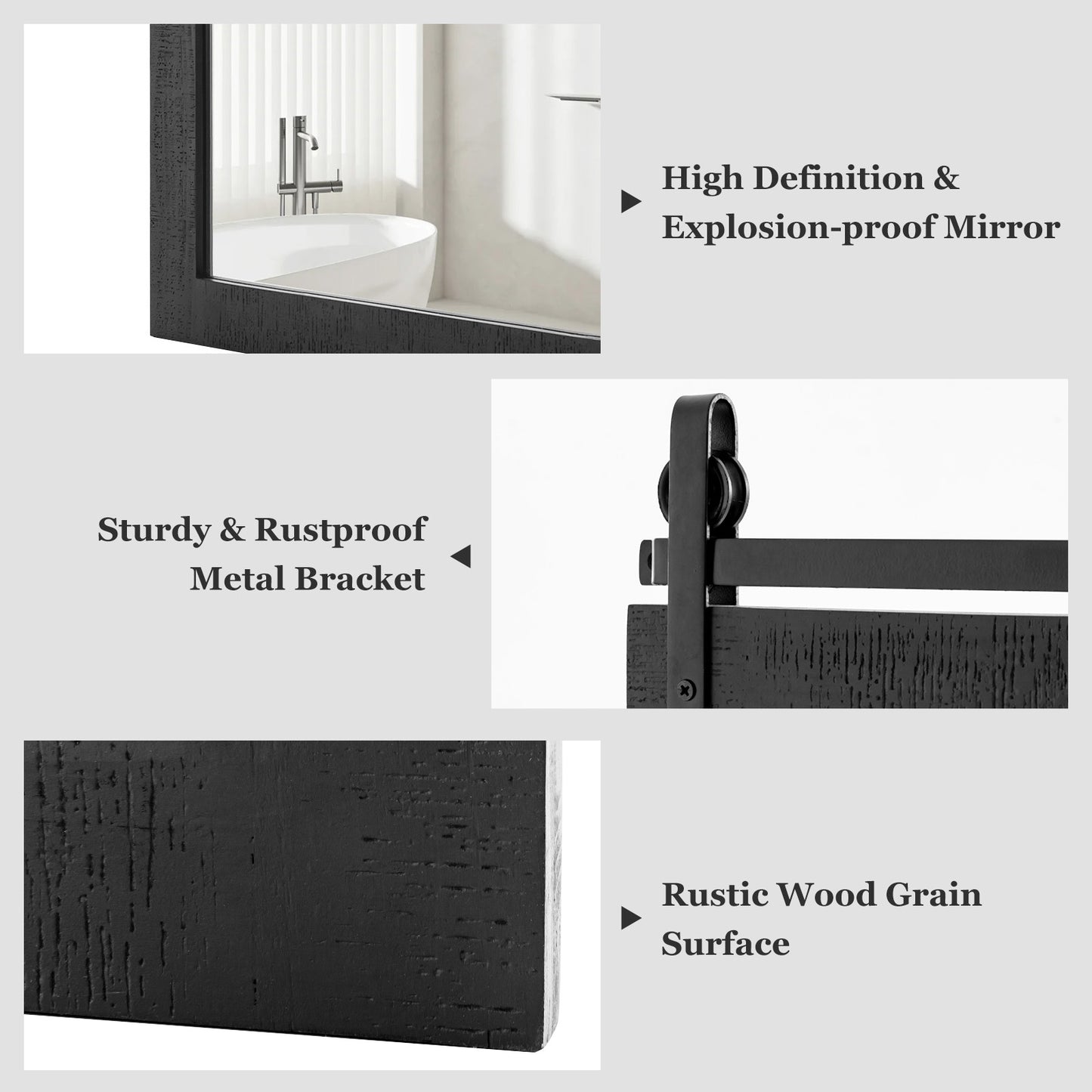 30 x 22 Inch Rustic Wall-Mounted Mirror with Solid Wood Frame and Metal Bracket - Black