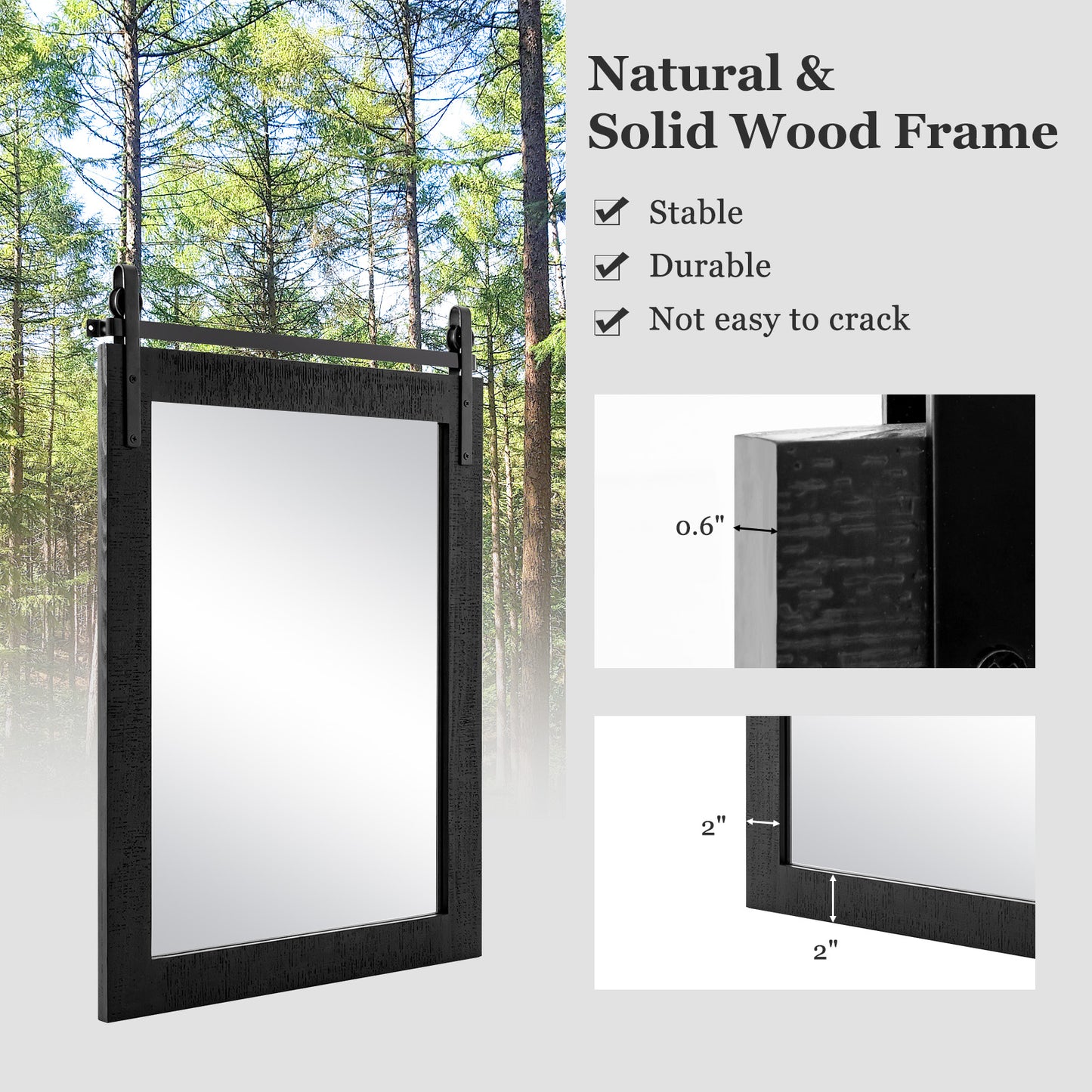 30 x 22 Inch Rustic Wall-Mounted Mirror with Solid Wood Frame and Metal Bracket - Black