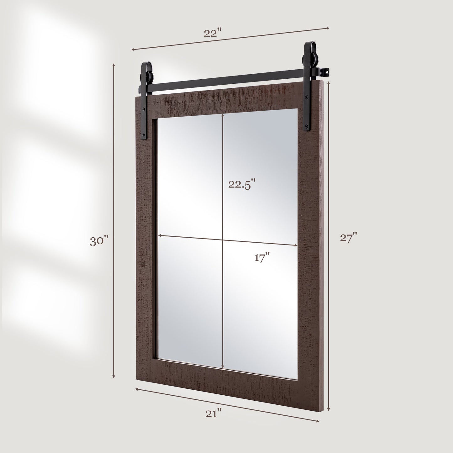 30 x 22 Inch Rustic Wall-Mounted Mirror with Solid Wood Frame and Metal Bracket - Walnut