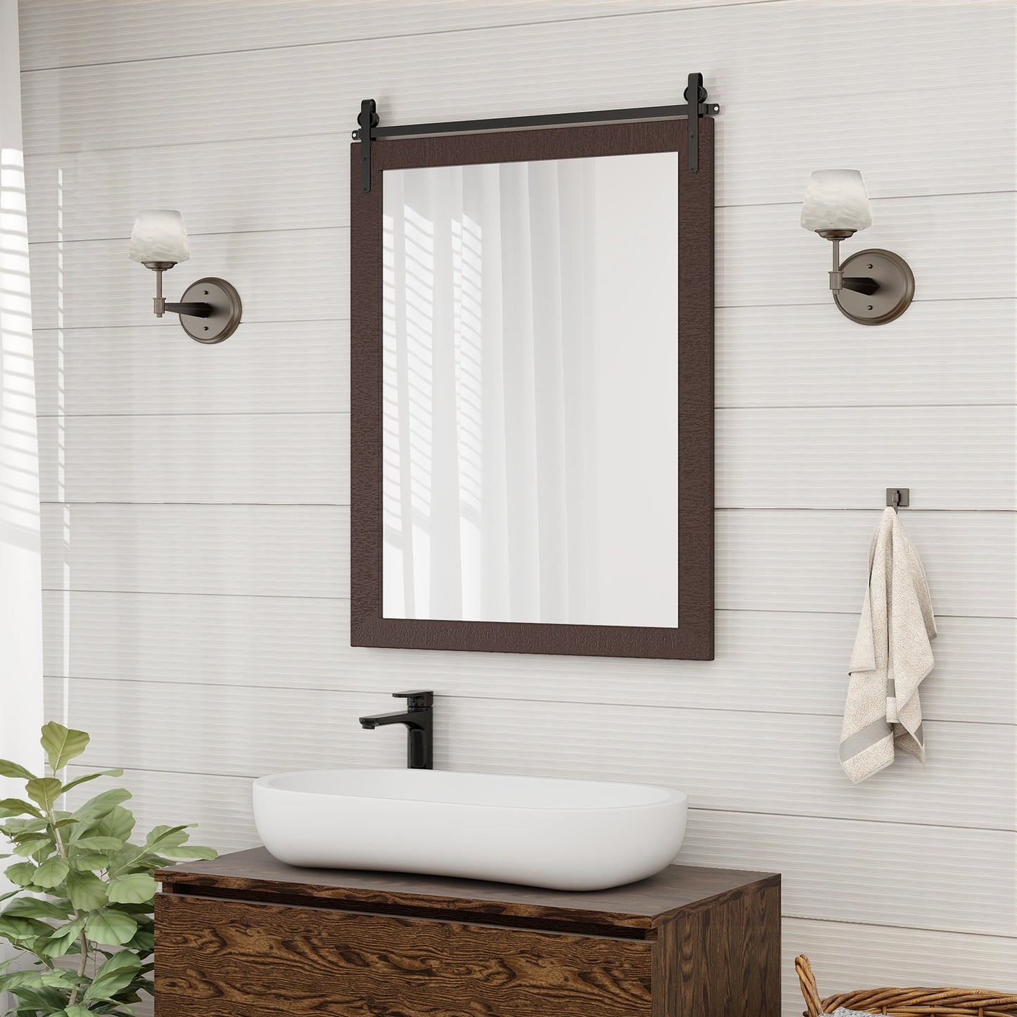 30 x 22 Inch Rustic Wall-Mounted Mirror with Solid Wood Frame and Metal Bracket - Walnut