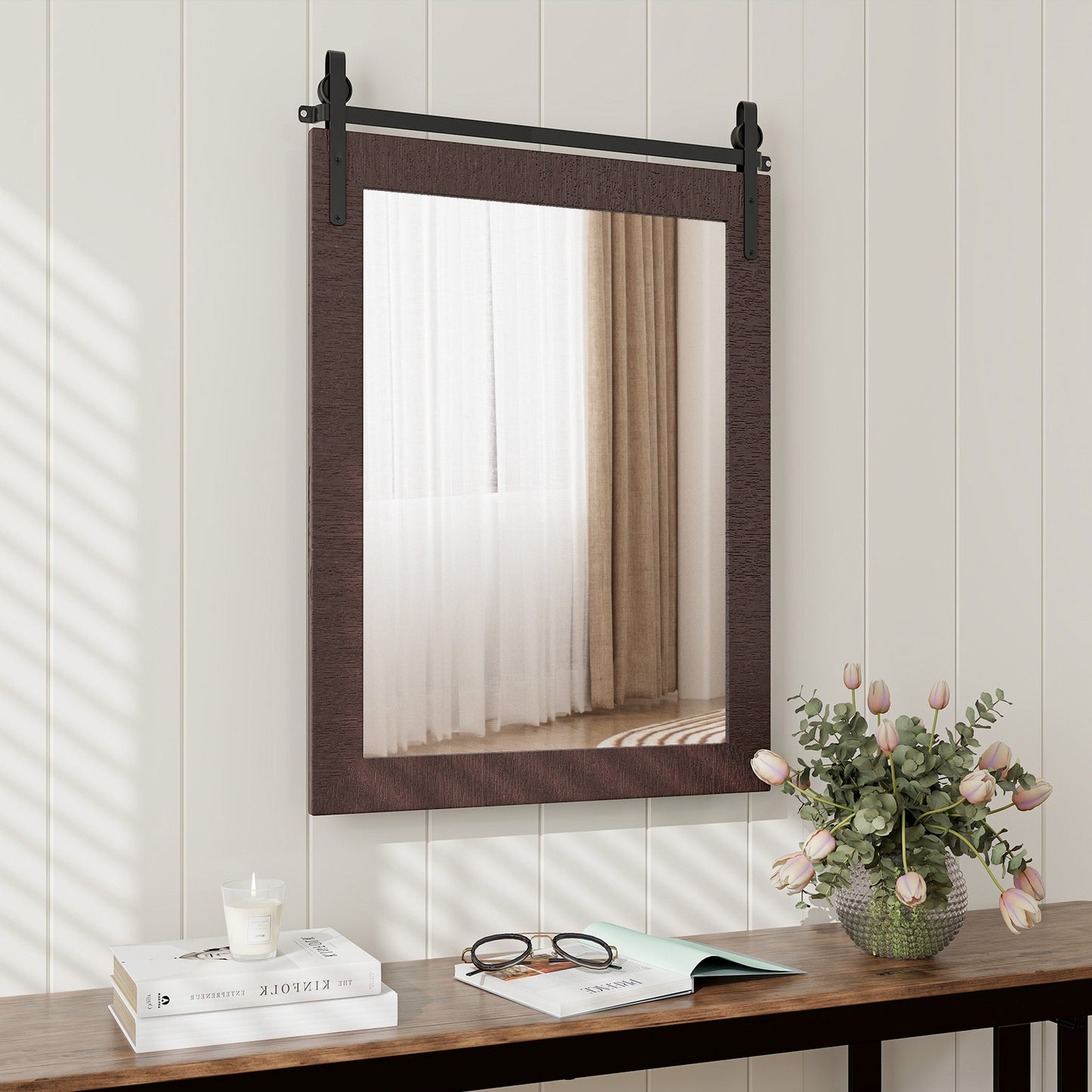 30 x 22 Inch Rustic Wall-Mounted Mirror with Solid Wood Frame and Metal Bracket - Walnut