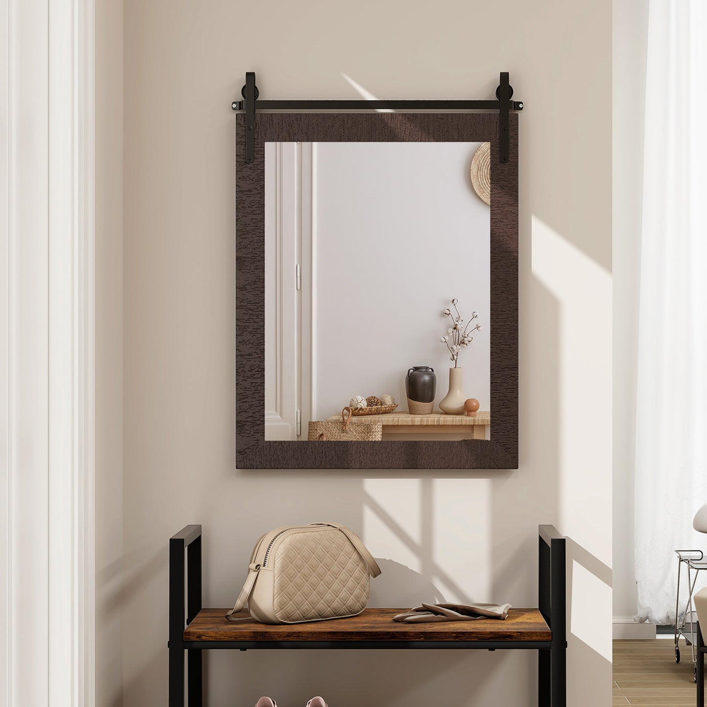 30 x 22 Inch Rustic Wall-Mounted Mirror with Solid Wood Frame and Metal Bracket - Walnut