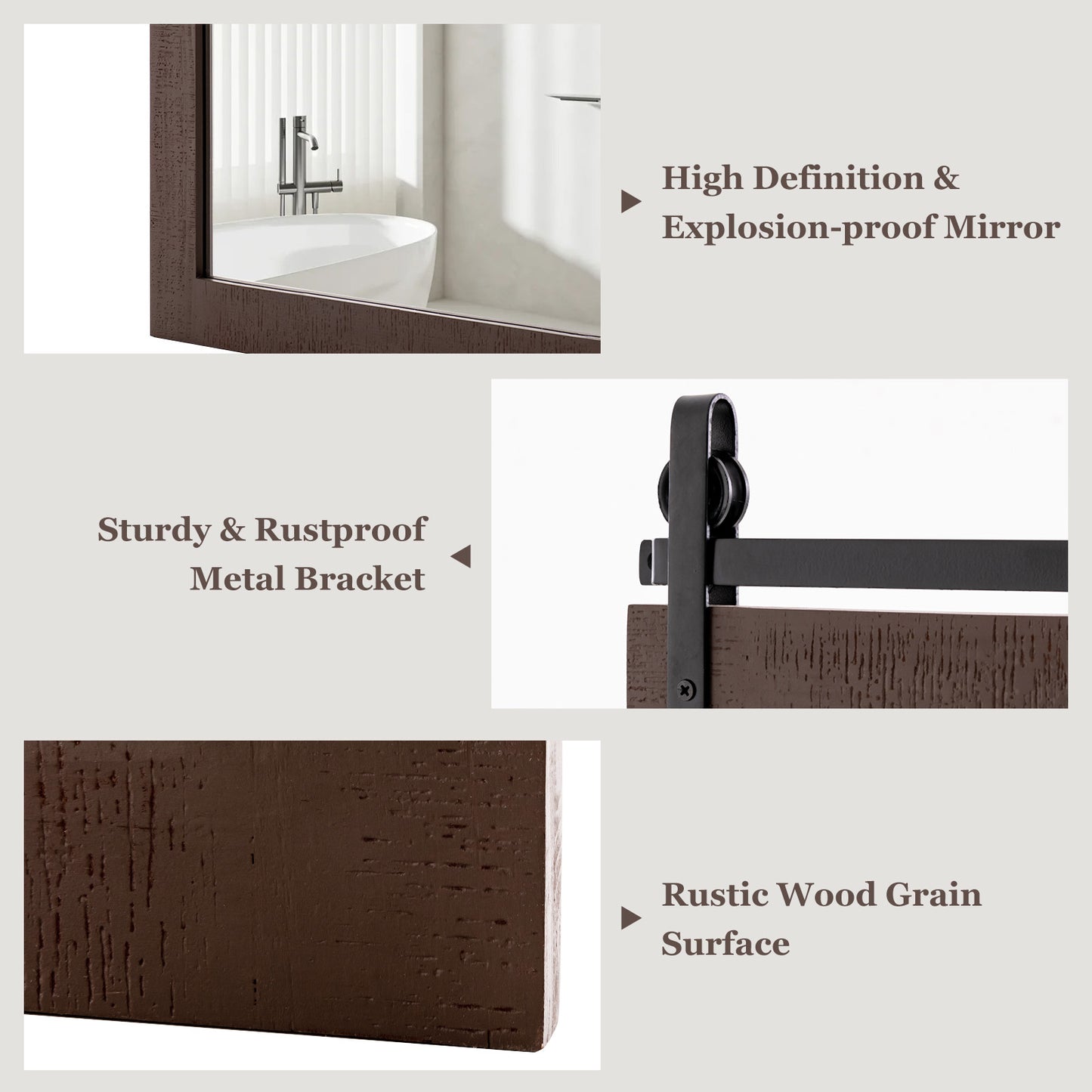 30 x 22 Inch Rustic Wall-Mounted Mirror with Solid Wood Frame and Metal Bracket - Walnut