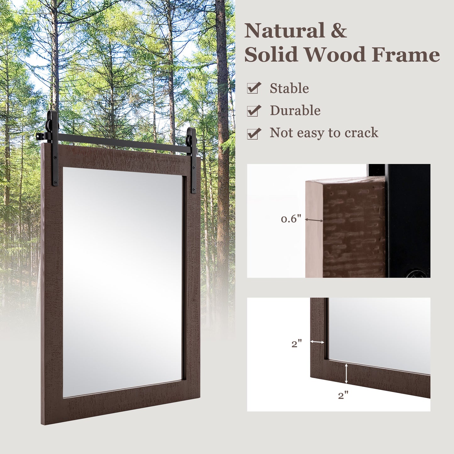30 x 22 Inch Rustic Wall-Mounted Mirror with Solid Wood Frame and Metal Bracket - Walnut