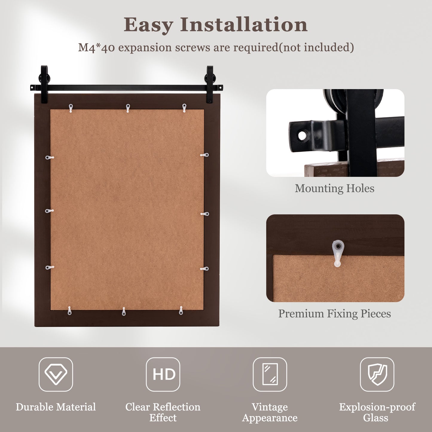30 x 22 Inch Rustic Wall-Mounted Mirror with Solid Wood Frame and Metal Bracket - Walnut