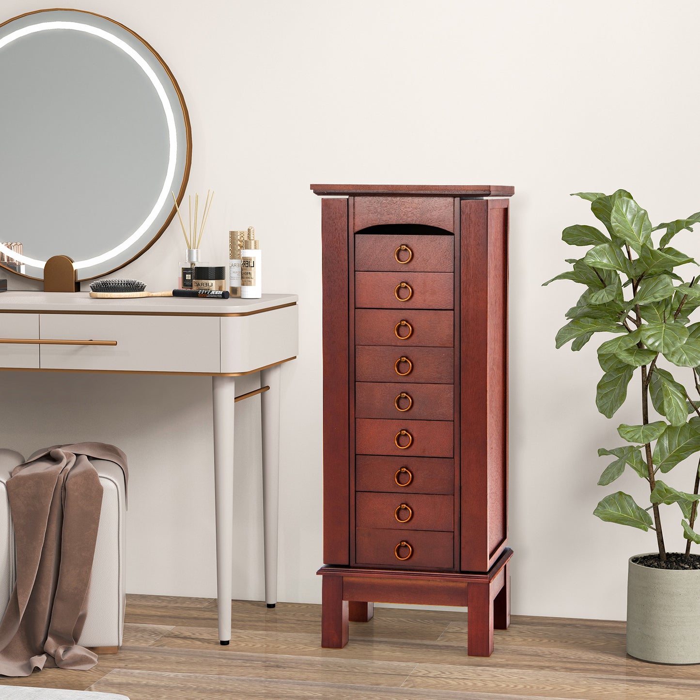 Large Jewelry Organizer Cabinet with 9 Drawers, Side Shelves and Flip-Top Vanity Mirror