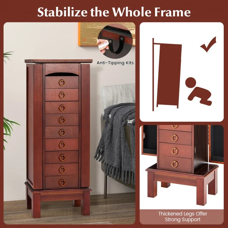 Large Jewelry Organizer Cabinet with 9 Drawers, Side Shelves and Flip-Top Vanity Mirror