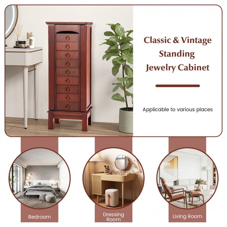 Large Jewelry Organizer Cabinet with 9 Drawers, Side Shelves and Flip-Top Vanity Mirror