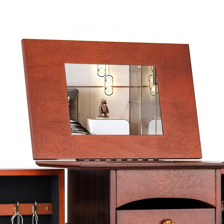 Large Jewelry Organizer Cabinet with 9 Drawers, Side Shelves and Flip-Top Vanity Mirror