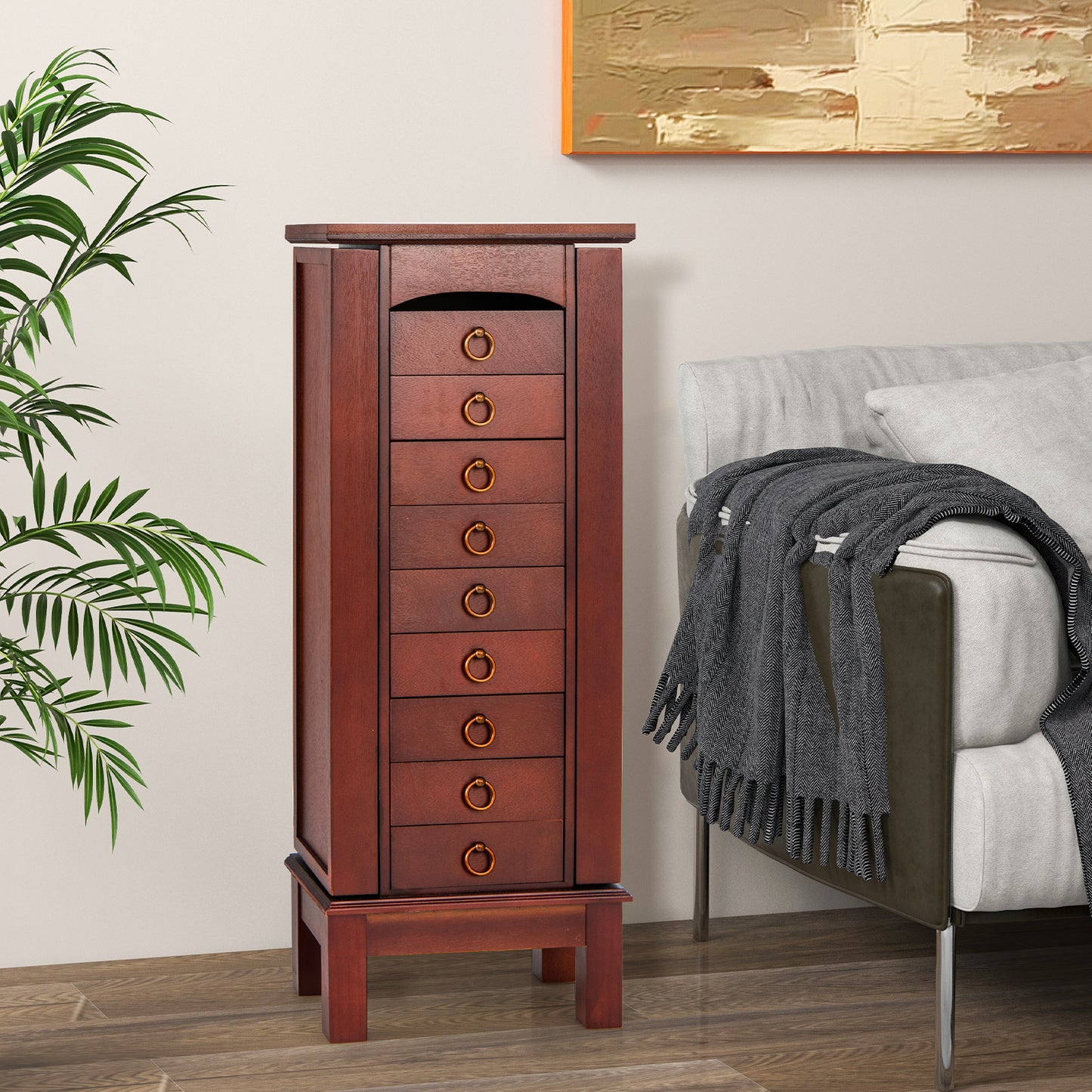 Large Jewelry Organizer Cabinet with 9 Drawers, Side Shelves and Flip-Top Vanity Mirror