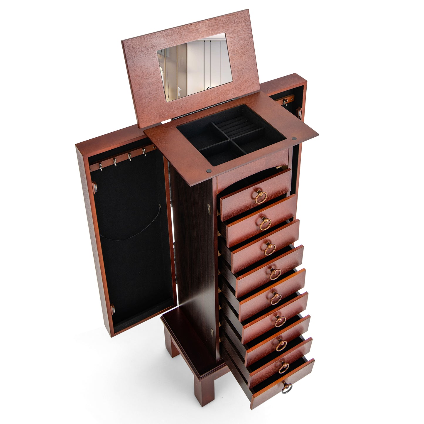 Large Jewelry Organizer Cabinet with 9 Drawers, Side Shelves and Flip-Top Vanity Mirror