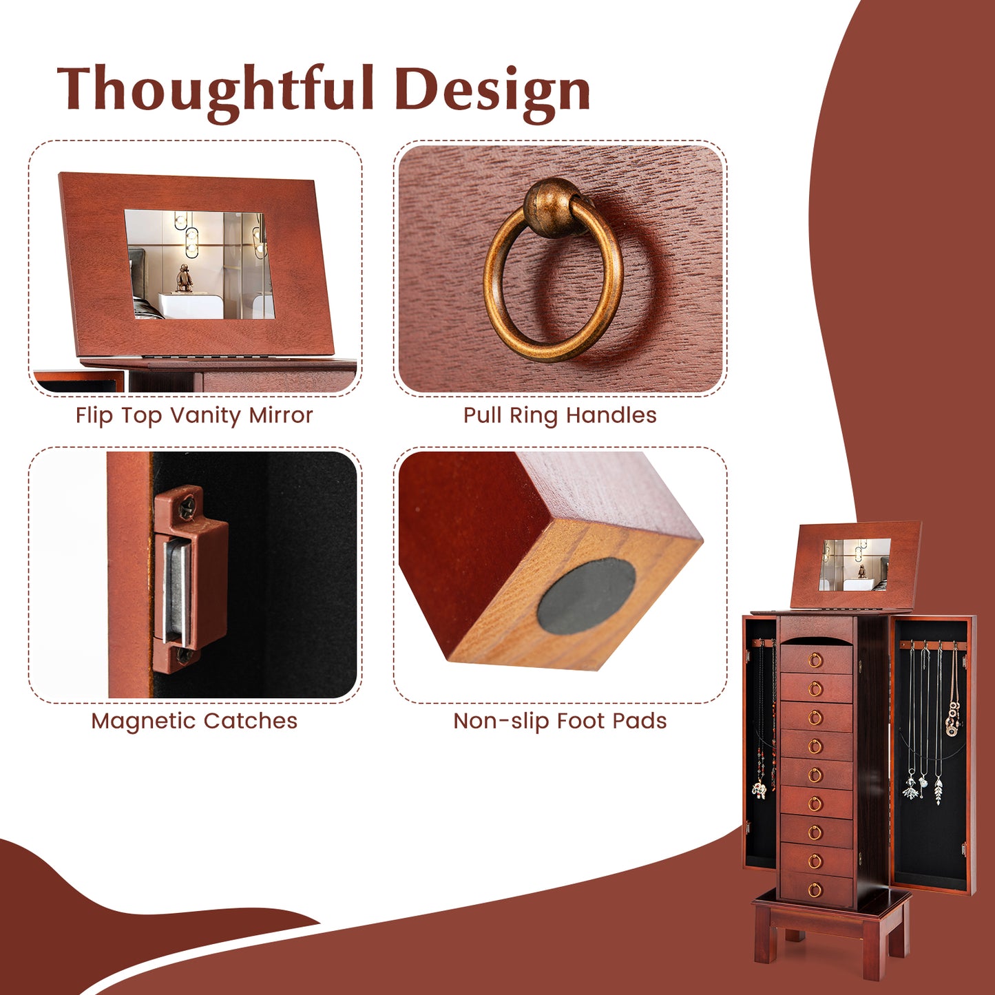 Large Jewelry Organizer Cabinet with 9 Drawers, Side Shelves and Flip-Top Vanity Mirror