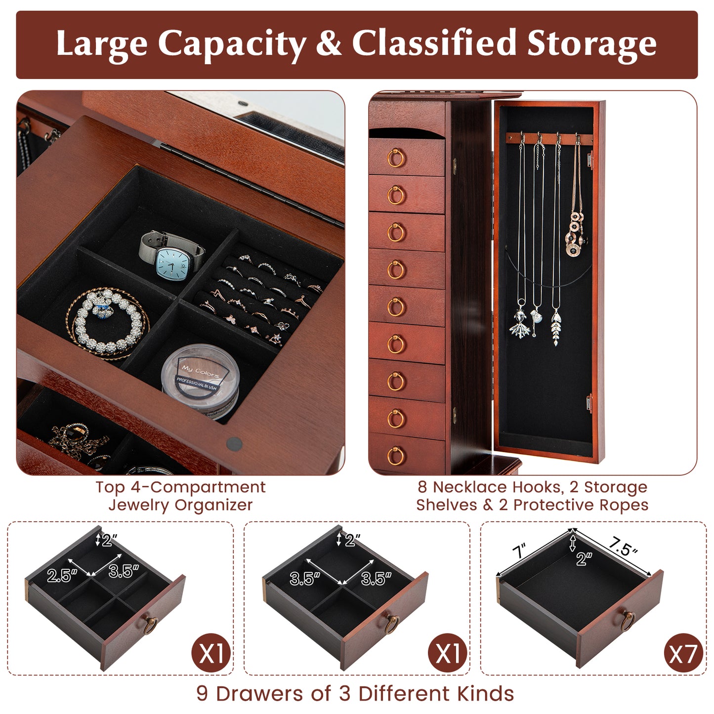 Large Jewelry Organizer Cabinet with 9 Drawers, Side Shelves and Flip-Top Vanity Mirror